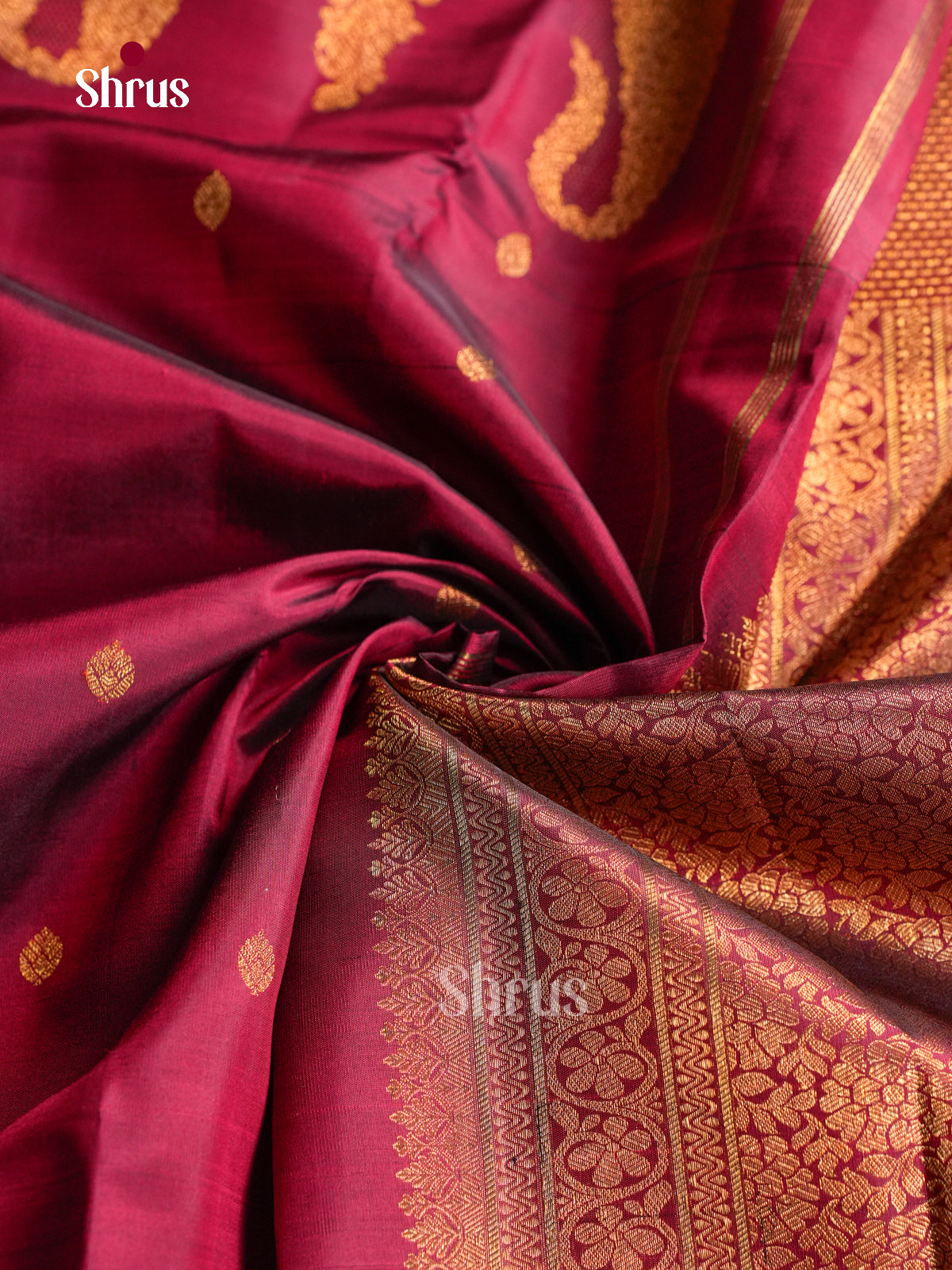 Rich Wine Maroon Pattu Saree With Floral Buttas & Self Border With Floral Vines & Paisley Motifs