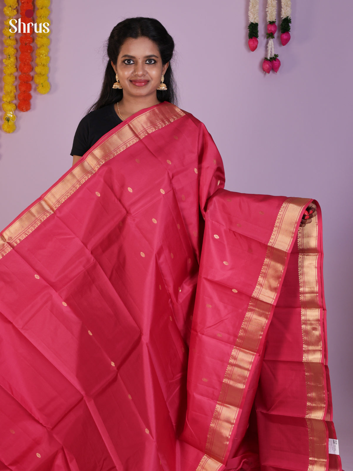 Buy Vibrant Rose Pink Kanchipuram Saree With Coin Buttas, Zari Border & Brocade Pallu