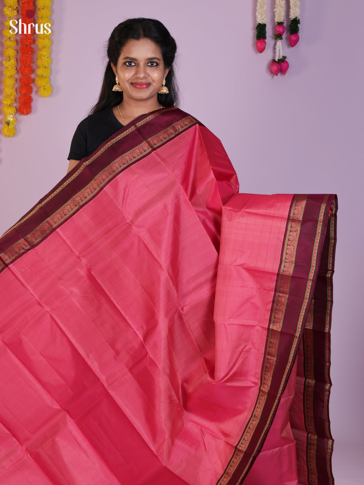 Buy Stunning Rose Pink Kanchipuram Saree with Plain Body, Maroon Rettaipet Zari Border & Pallu