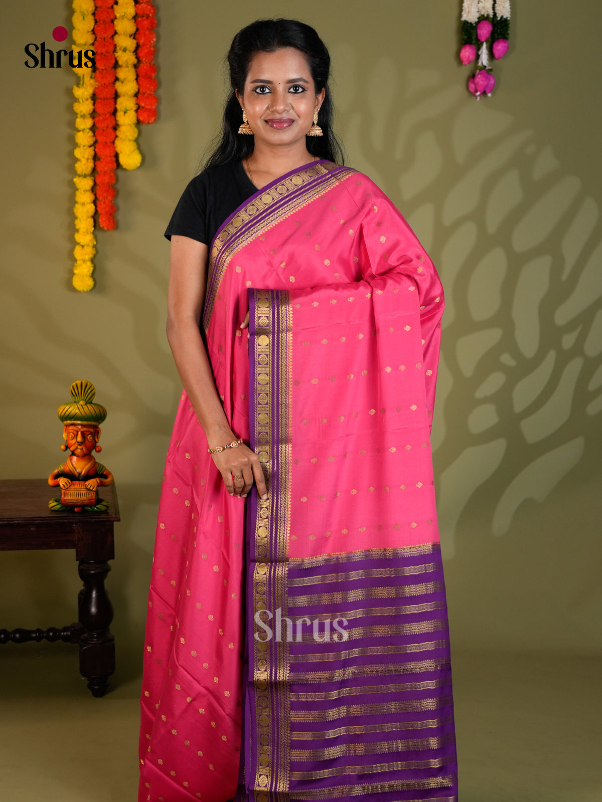 Buy Charming Rose Pink Mysore Silk Saree with Gold Buttas, Violet Zari Border & Striped Pallu