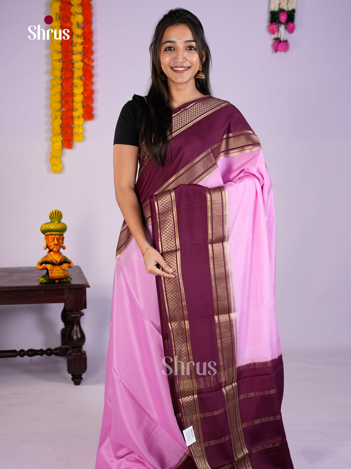 Buy Sheeny Rose Pink Mysore Silk Saree with Plain Body, Wine Rettaipet Border & Traditional Pallu