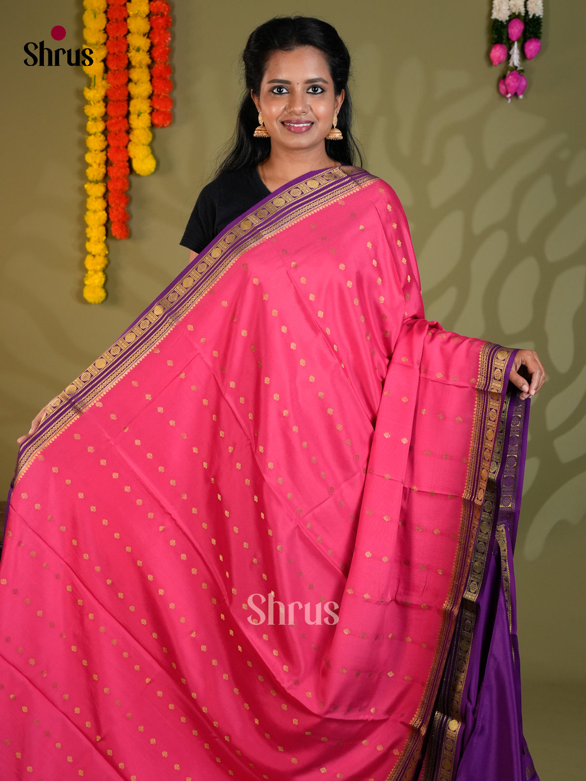 Buy Charming Rose Pink Pure Mysore Silk Saree with Gold Buttas, Violet Zari Border & Striped Pallu