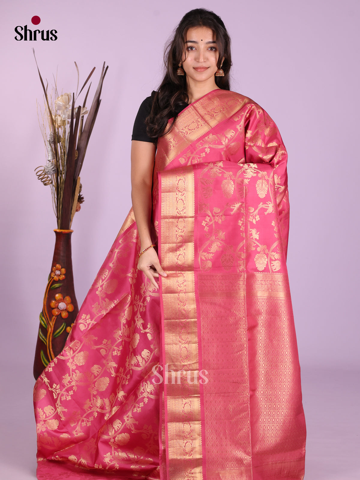 Buy Ravishing Rose Pink Soft Silk Saree With Vanasingaram Floral Creepers & Zari Brocade Pallu