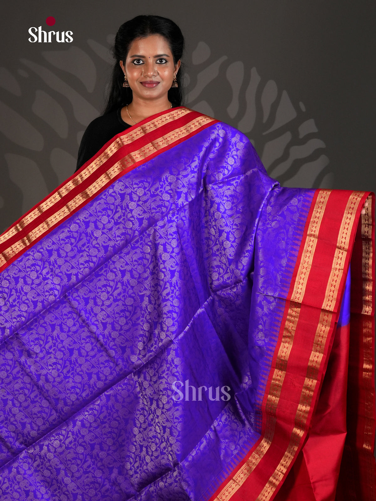 Buy Majestic Royal Blue Soft Silk Sarees with Vanashigaram Floral Brocade & Red Rettapet Zari Border