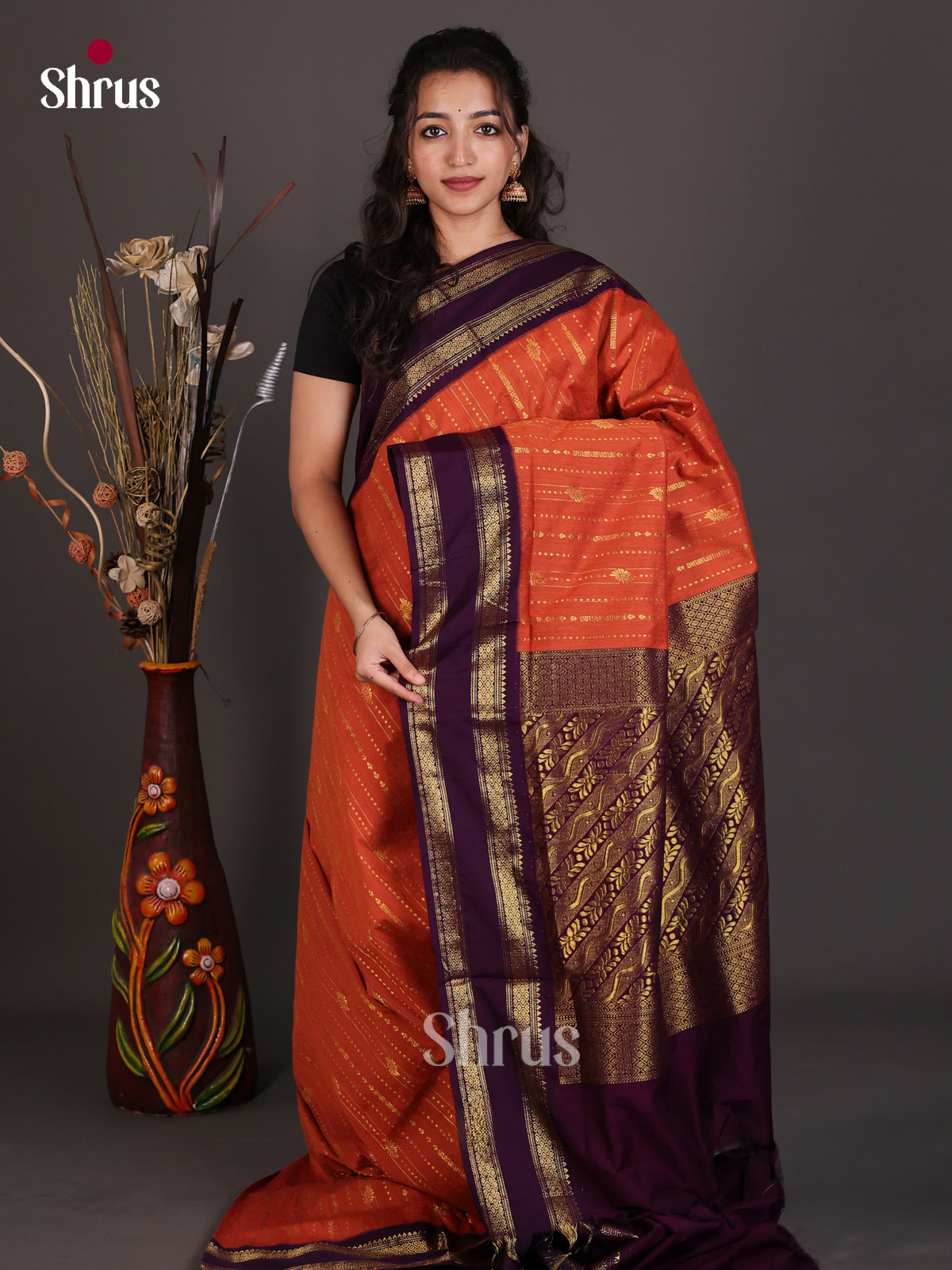 Majestic Rust Orange Kalyani Cotton Saree With Gold Lines, Buttas & Wine Rettaipet Zari Border