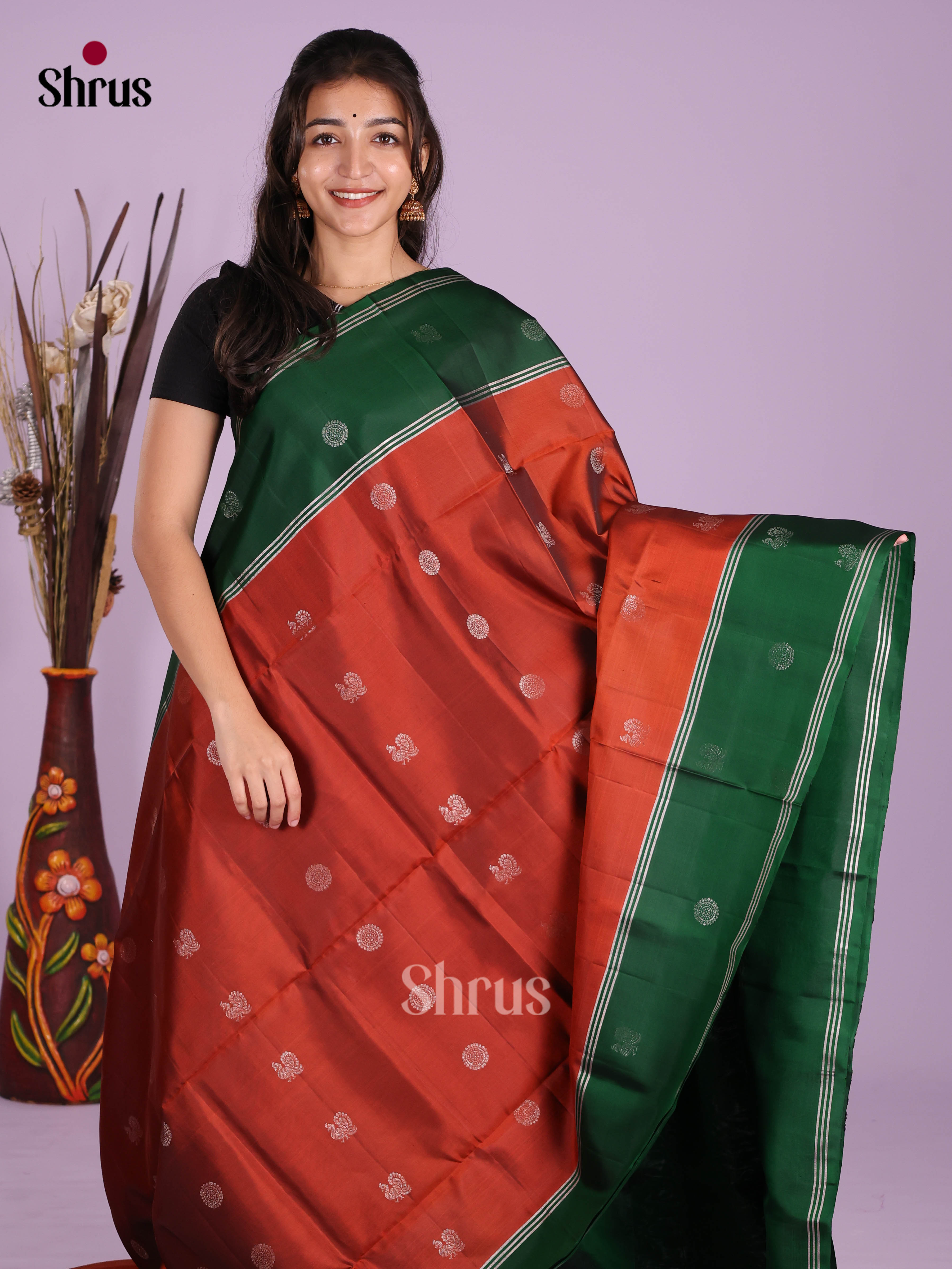 Buy Traditional Rust Orange Pure Soft Silk Saree With Silver Peacock Buttas, Green Rettapet Border & Pallu