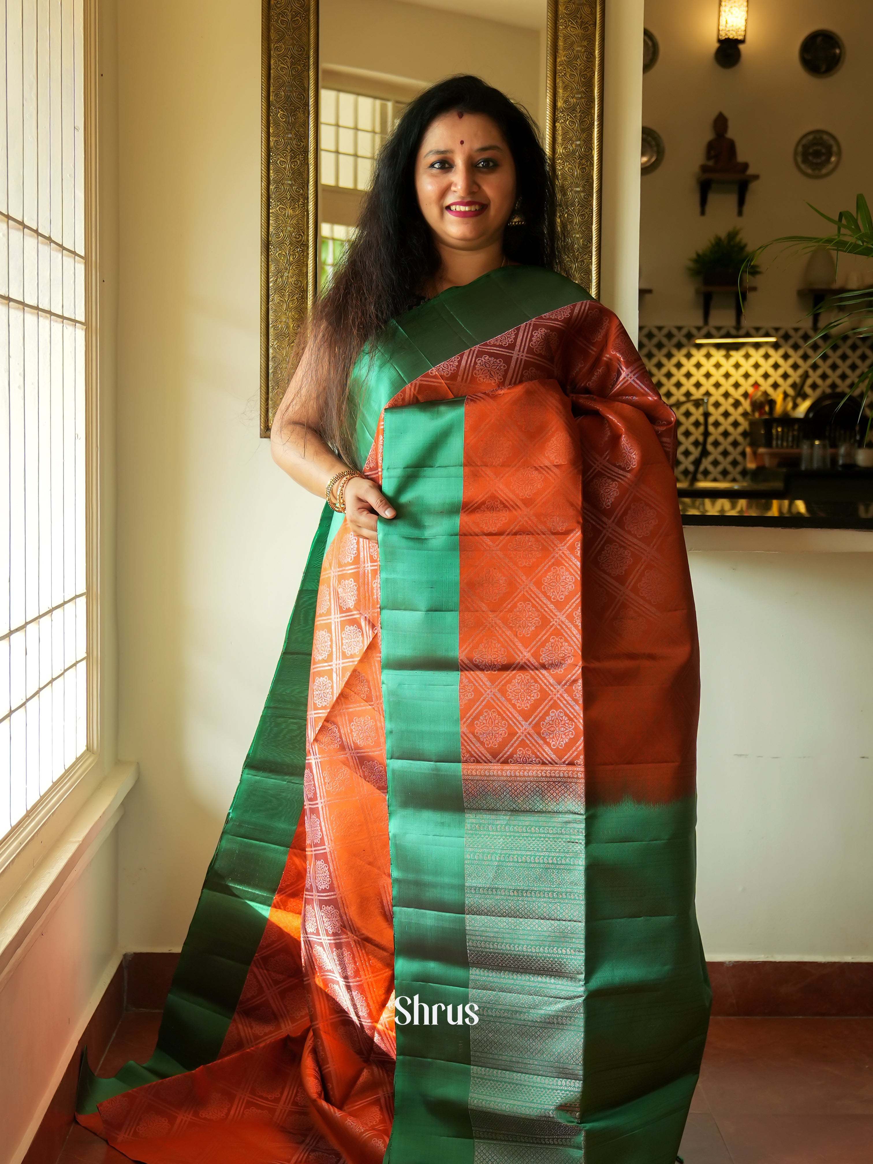 Warm Rust Orange Soft Silk Saree With Silver Diamond Pattern, Motifs, Green Border & Pallu