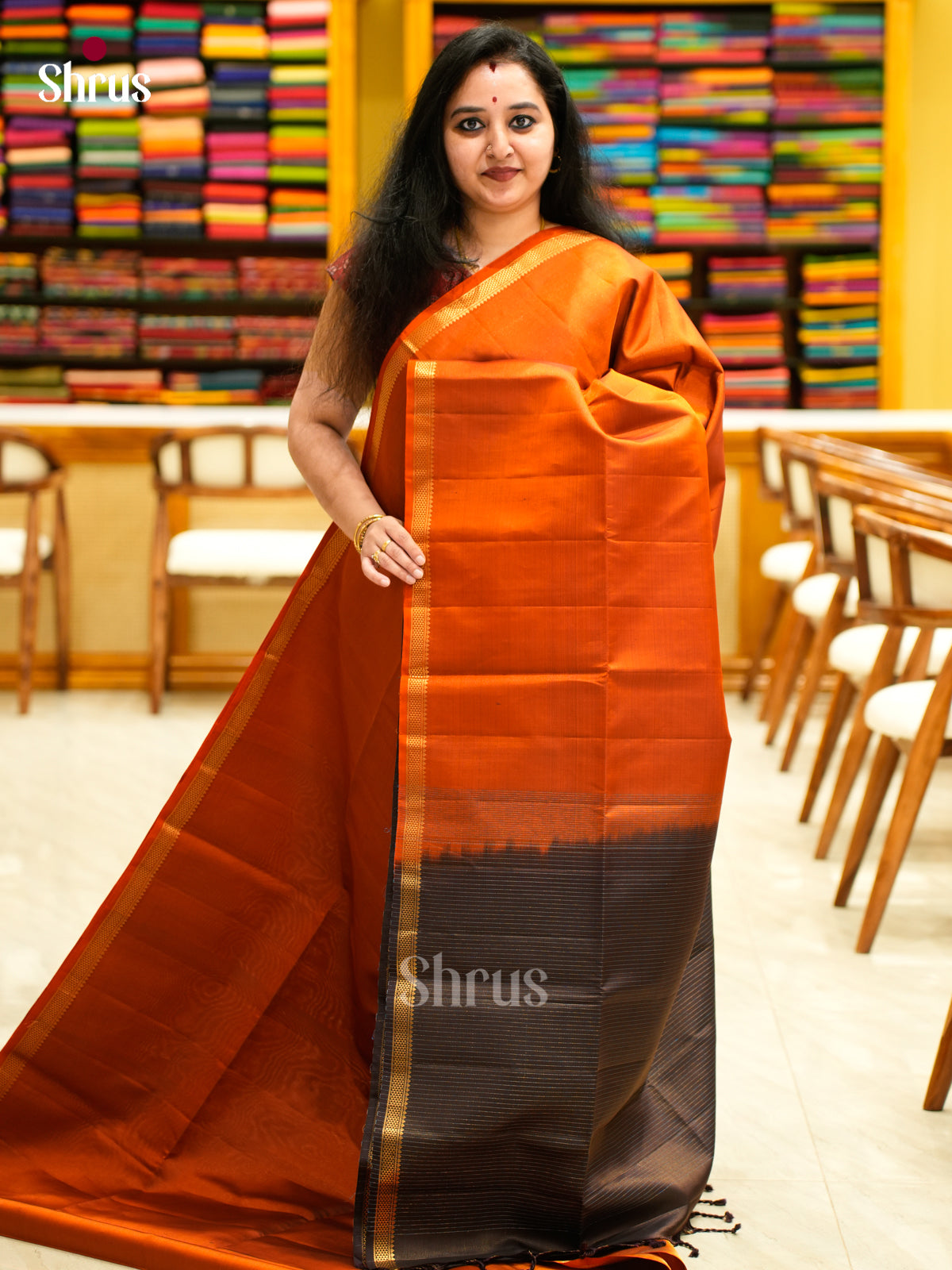 Buy Warm Rust Orange Soft Silk Saree With Small Zari Border & Dark Brown Gold Striped Pallu