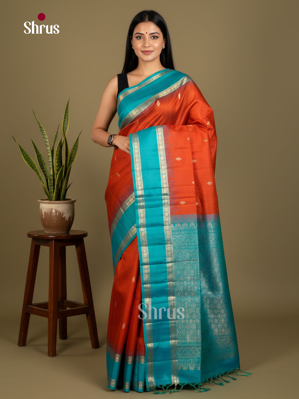 Buy Radiant Rust Orange Soft Silk Saree with Gold Floral Buttas, Teal Blue Rettaipet Border & Pallu