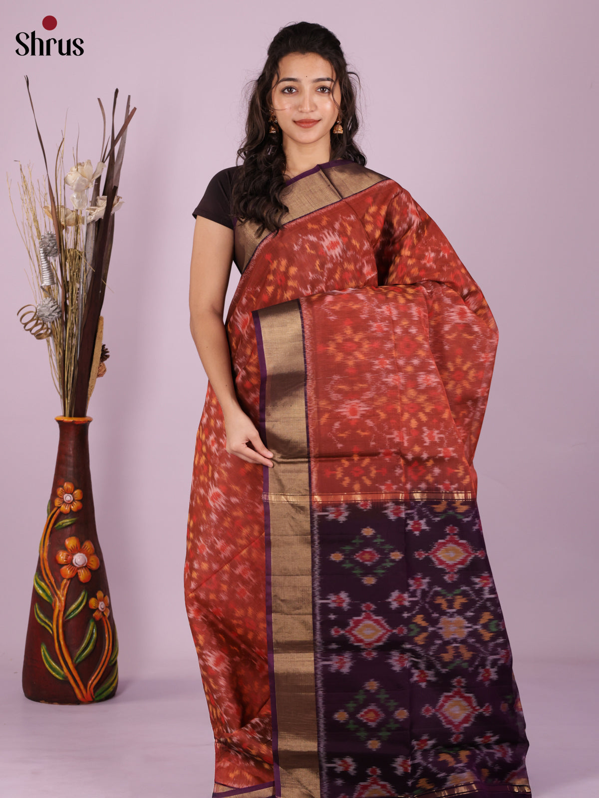 Buy Classy Rust Pochampally Silk Cotton Saree With Floral Ikat Motifs, Plum Border & Pallu