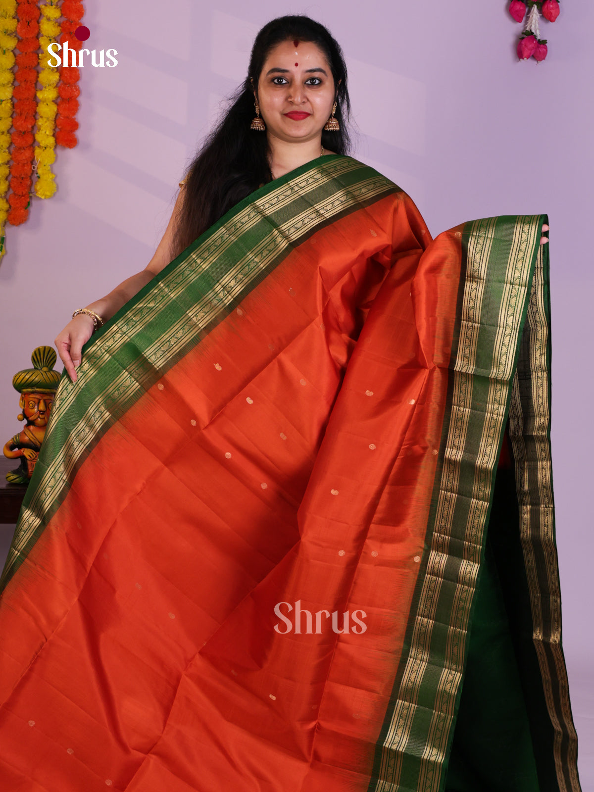 Buy Regal Rusty Orange Pure Soft Silk Saree with Zari Buttas, Green Rettaipet Border & Brocade Pallu