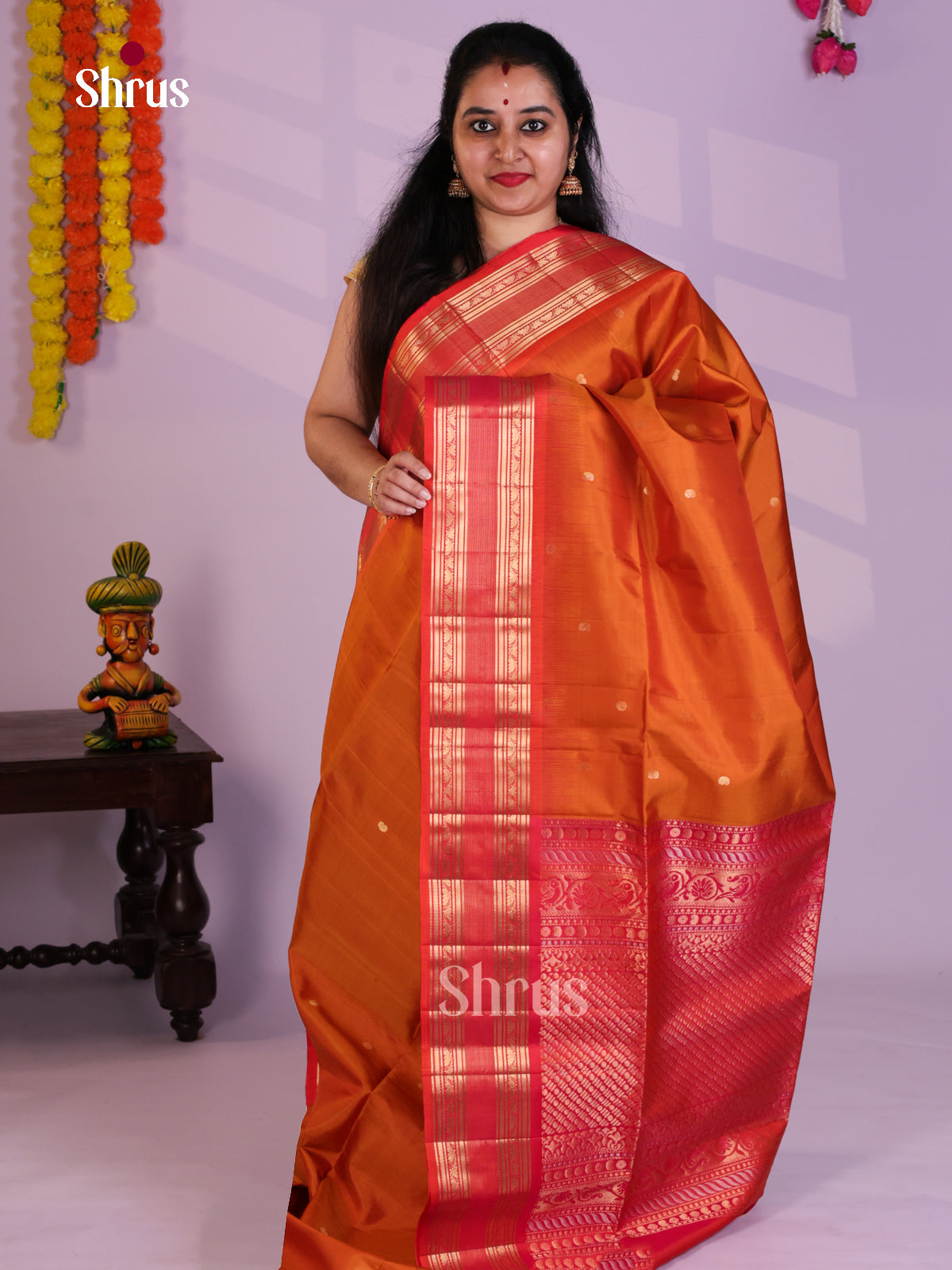 Buy Lustrous Rusty Orange Soft Silk Saree with Small Buttas & Pink Rettaipet Zari Border