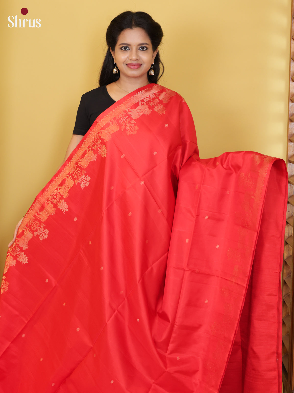 Buy Divine Scarlet Red Pure Soft Silk Saree With Zari Buttas & Border With Cow Motifs