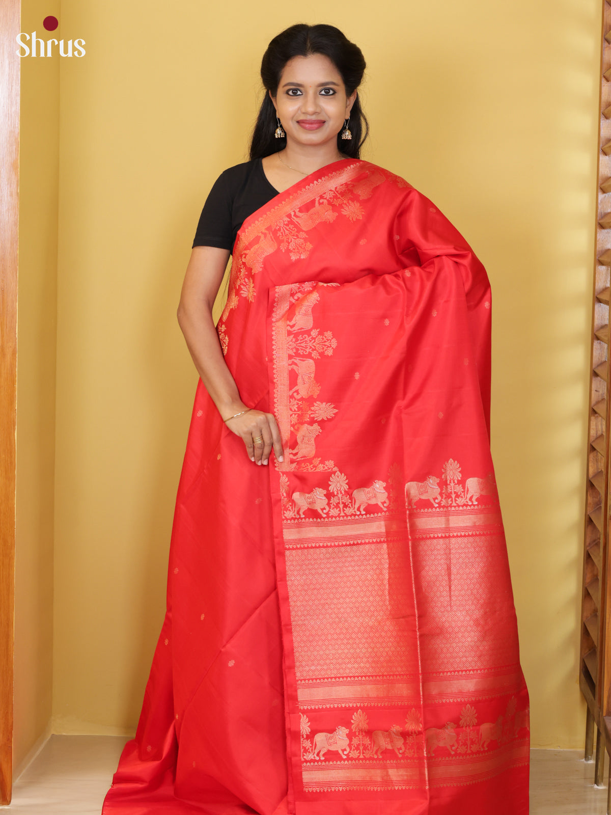 Buy Divine Scarlet Red Soft Silk Saree With Zari Buttas & Border With Cow Motifs