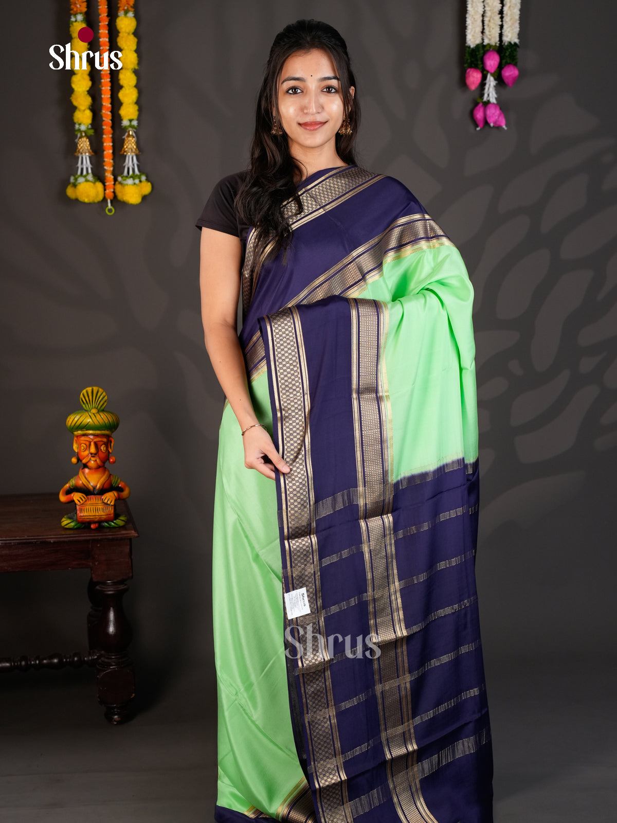 Buy Enchanting Sea Green Mysore Silk Saree With Broad Blue Rettaipet Zari Border & Chit Pallu