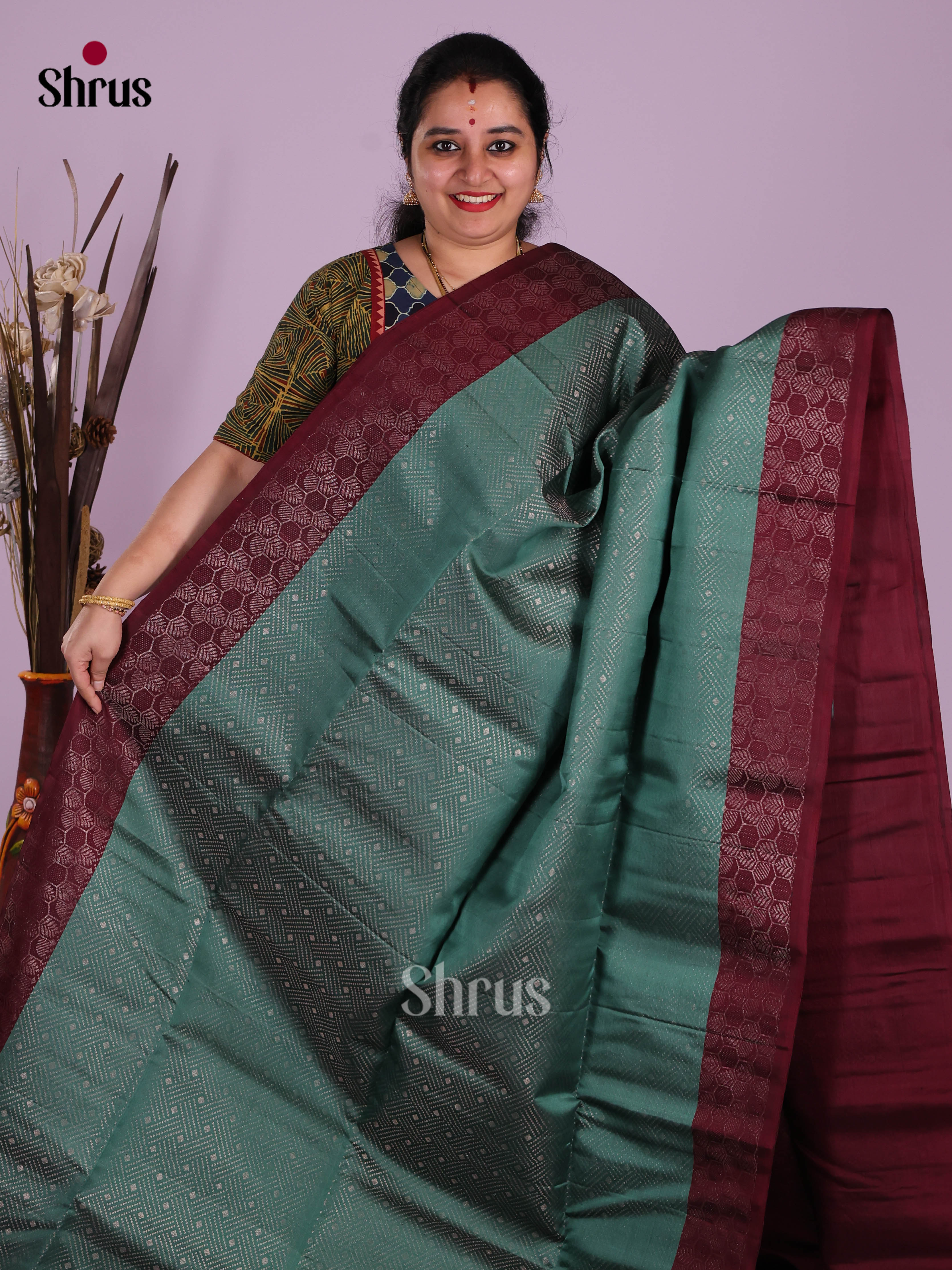 Buy Regal Sea Green Pure Soft Silk Saree With Silver Geometric Pattern, Deep Maroon Border & Brocade Pallu