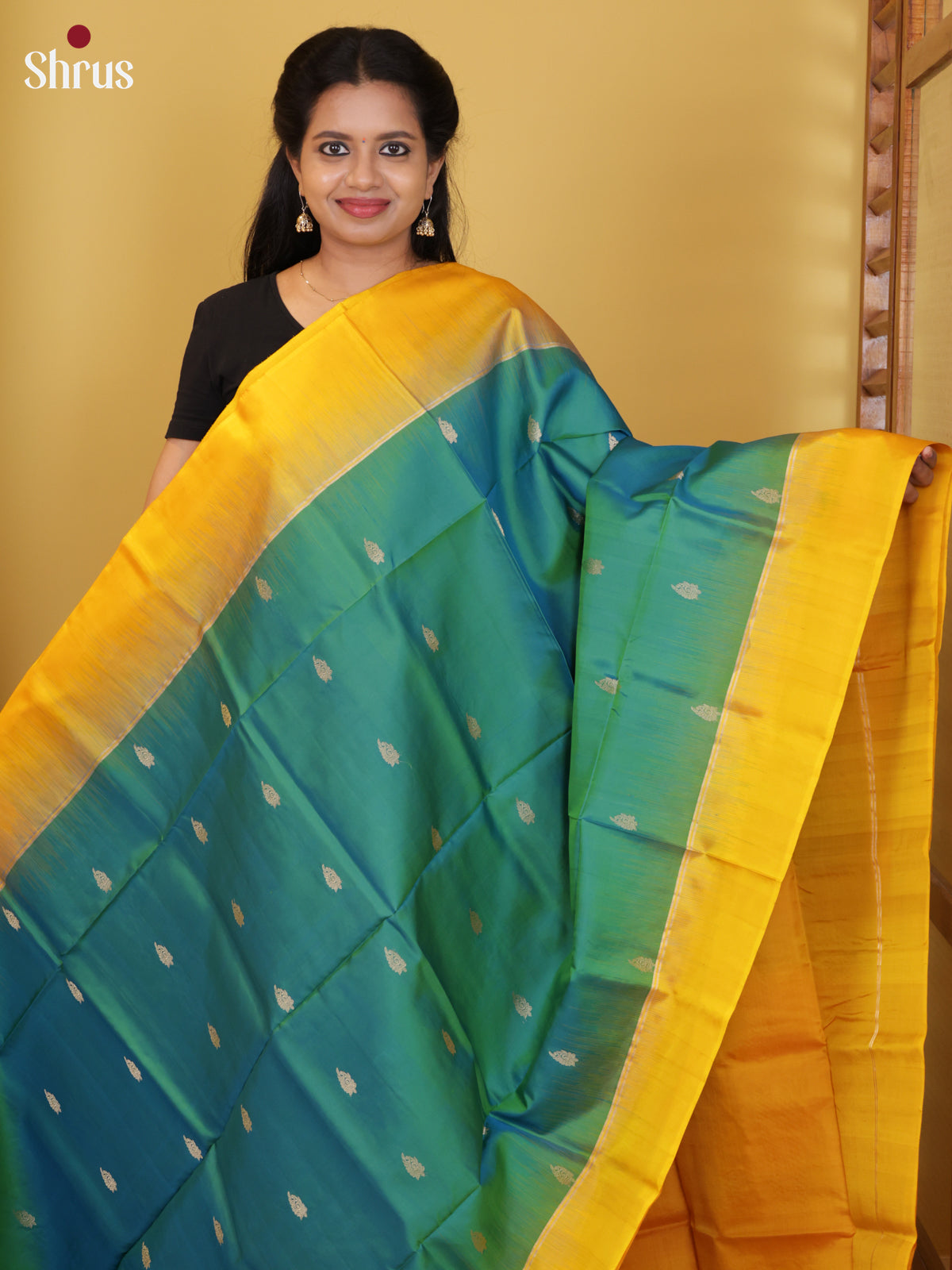 Buy Regal Sea Green Pure Soft Silk Saree with Zari Leaf Buttas, Mustard Border & Brocade Pallu