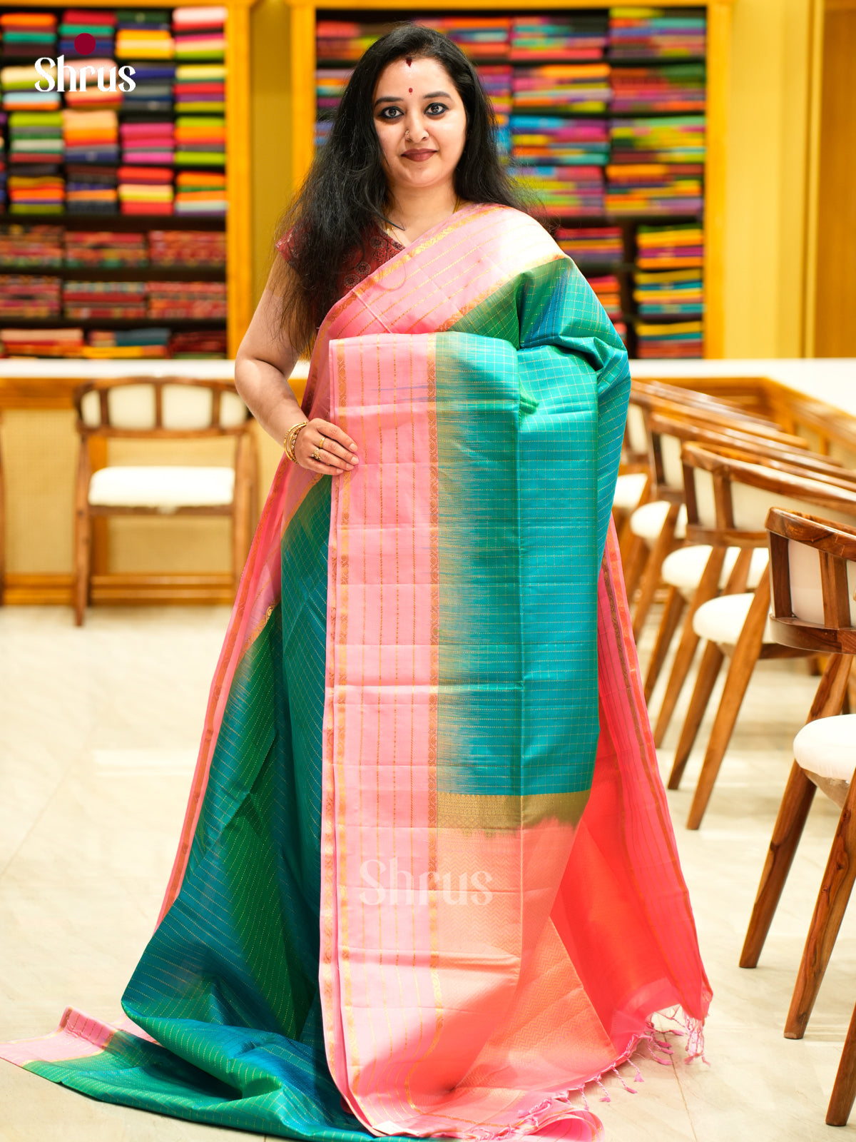 Buy Vivid Sea Green Soft Silk Saree With Intricately Woven Checks & Baby Pink Zari Striped Border