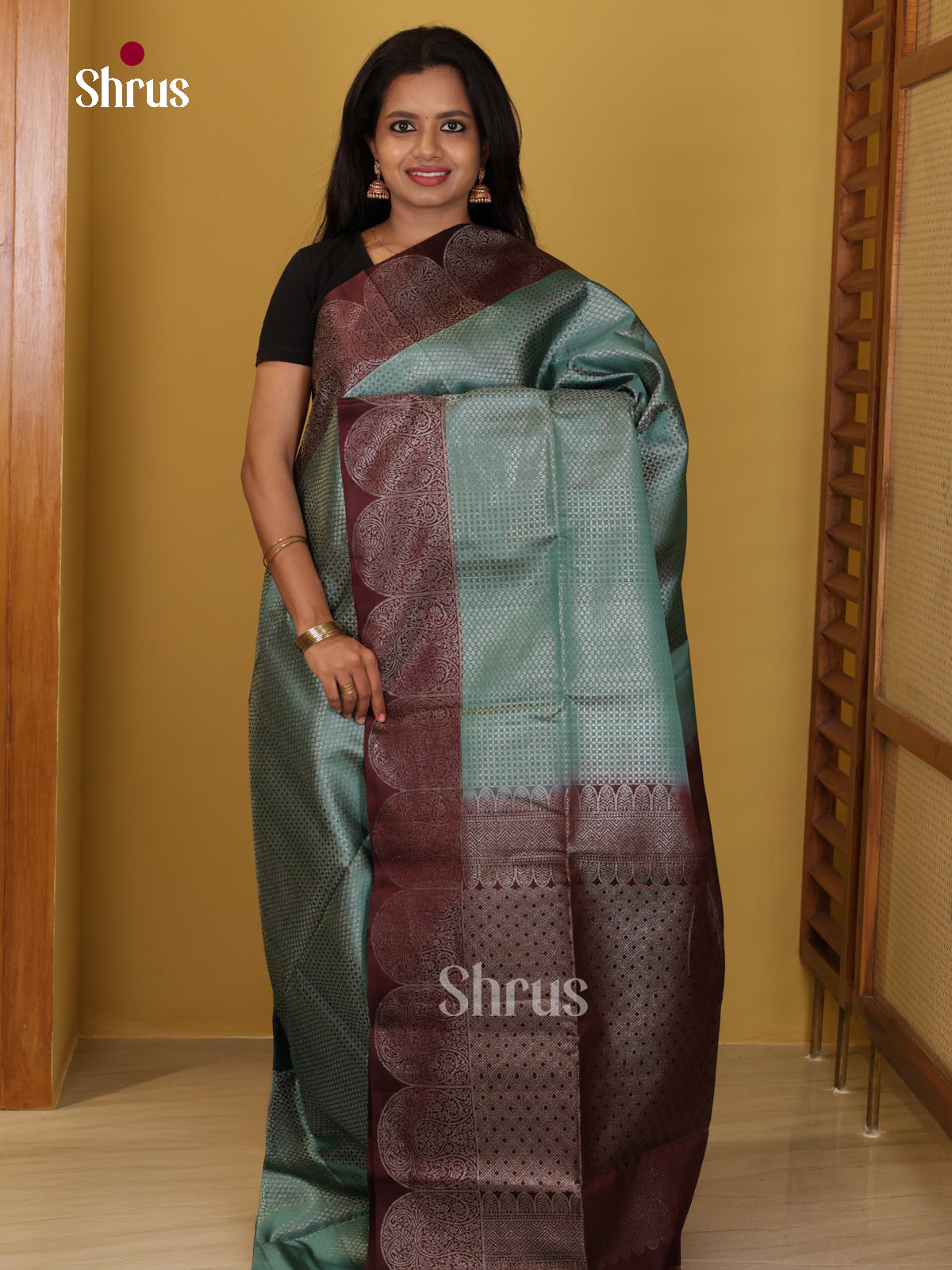 Buy Sheeny Sea Green Soft Silk Saree With Silver Micro Checks, Deep wine Border & Brocade Pallu