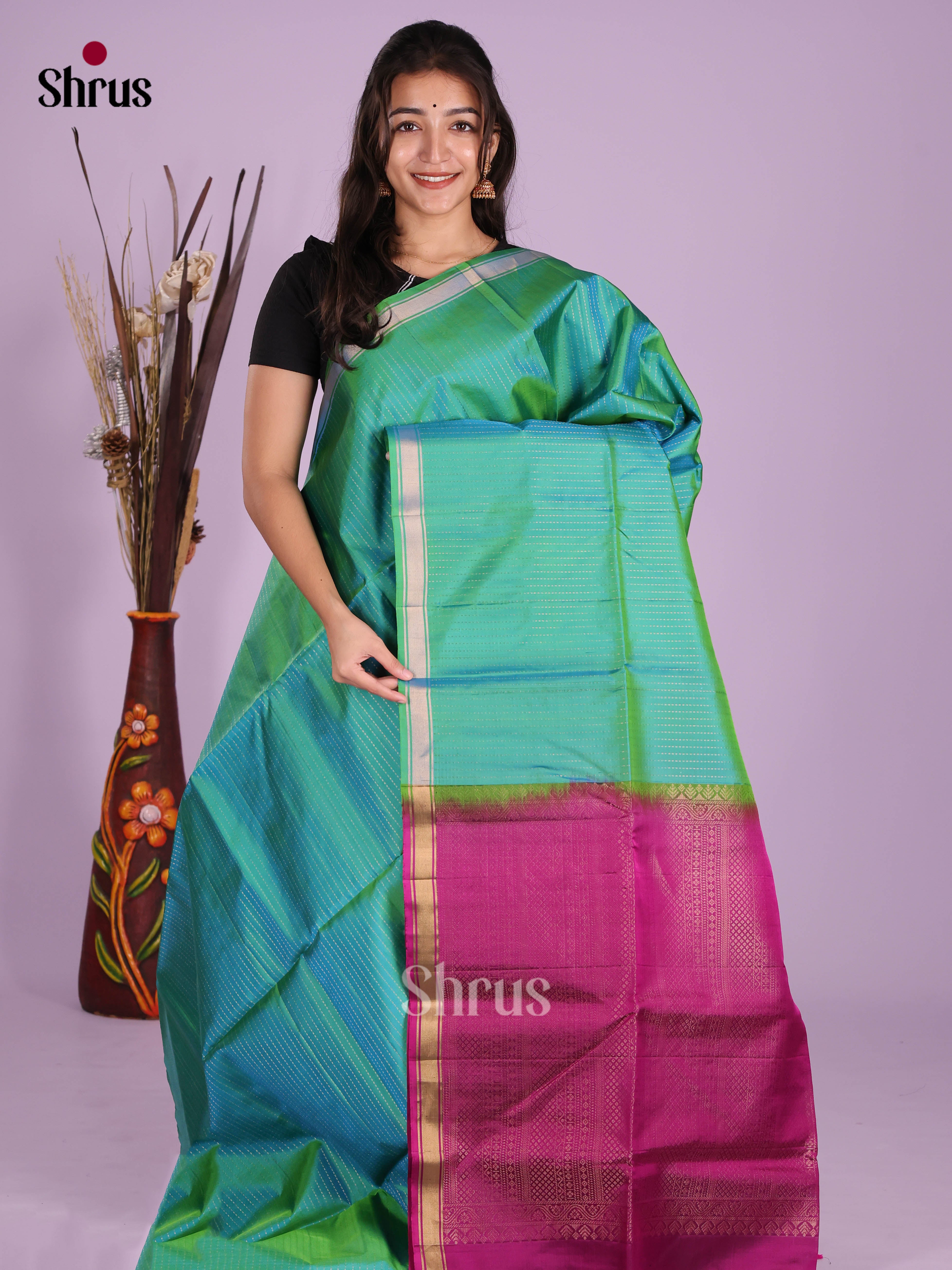 Buy Charming Sea Green Soft Silk Saree With Zari Dotted Lines, Small Border & Magenta Brocade Pallu