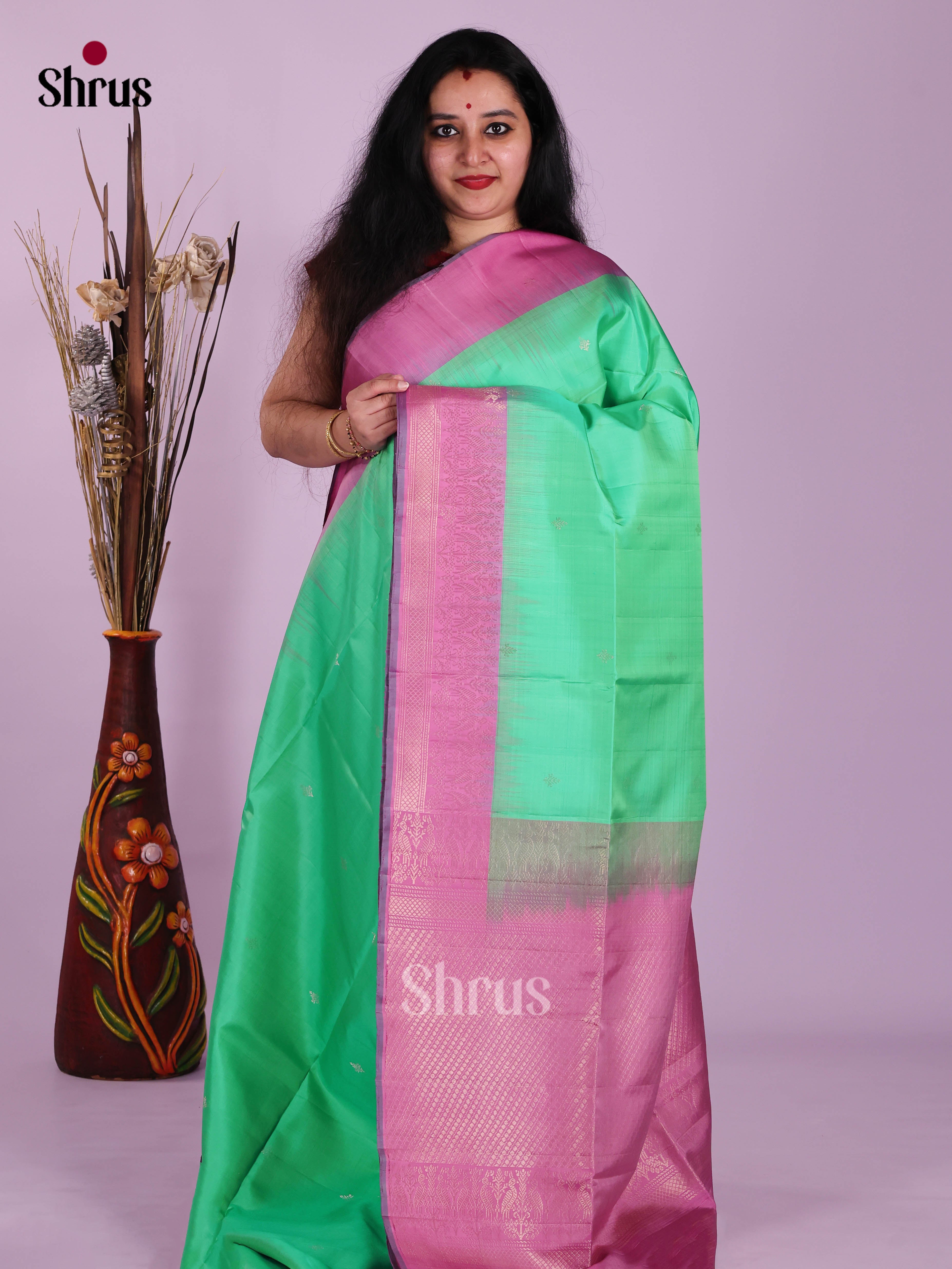 Buy Chic Sea Green Soft Silk Saree with Golden Buttas & Baby Pink Zari Brocade Border & Pallu