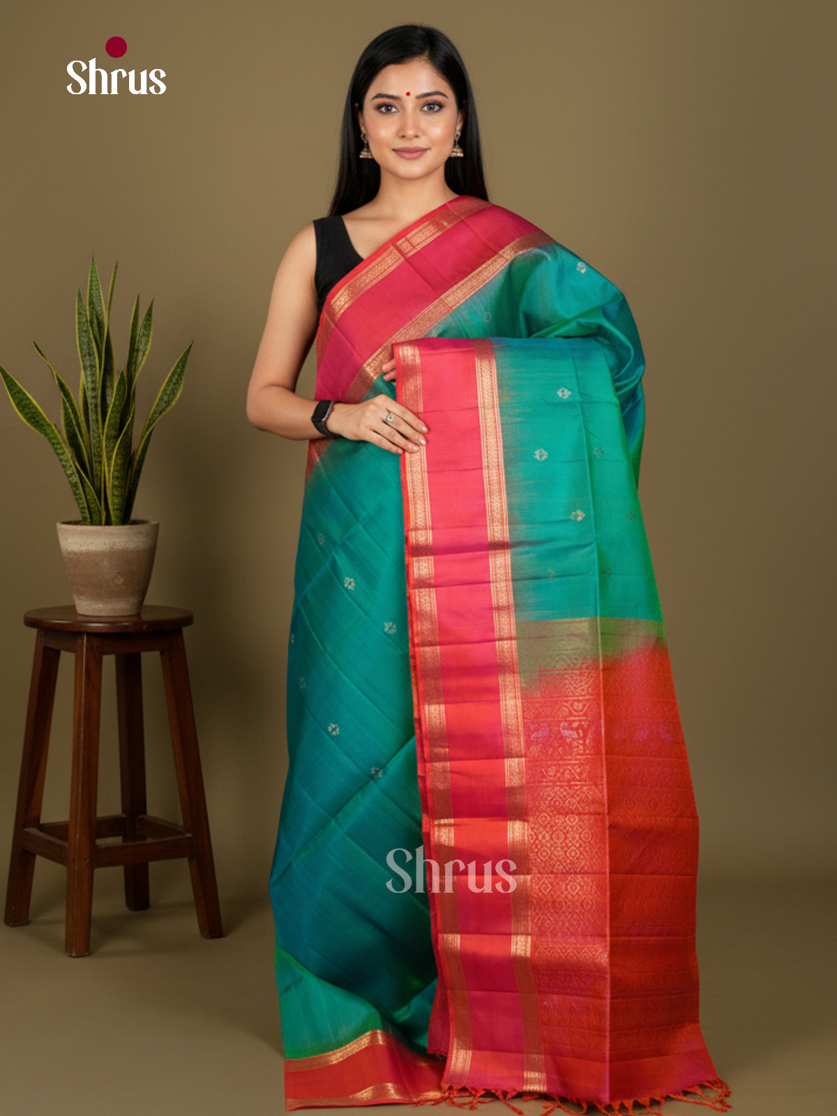 Buy Serene Sea Green Soft Silk Saree with Golden Floral Buttas, Pink Rettaipet Border & Brocade Pallu