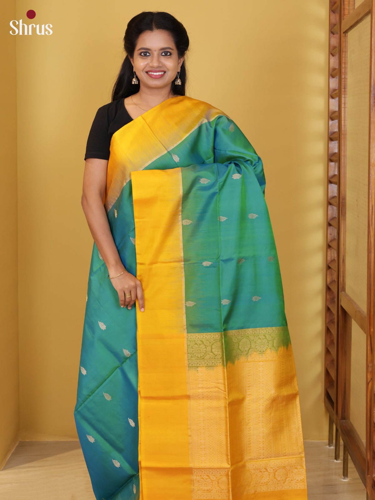 Buy Regal Sea Green Soft Silk Saree with Zari Leaf Buttas, Mustard Border & Brocade Pallu