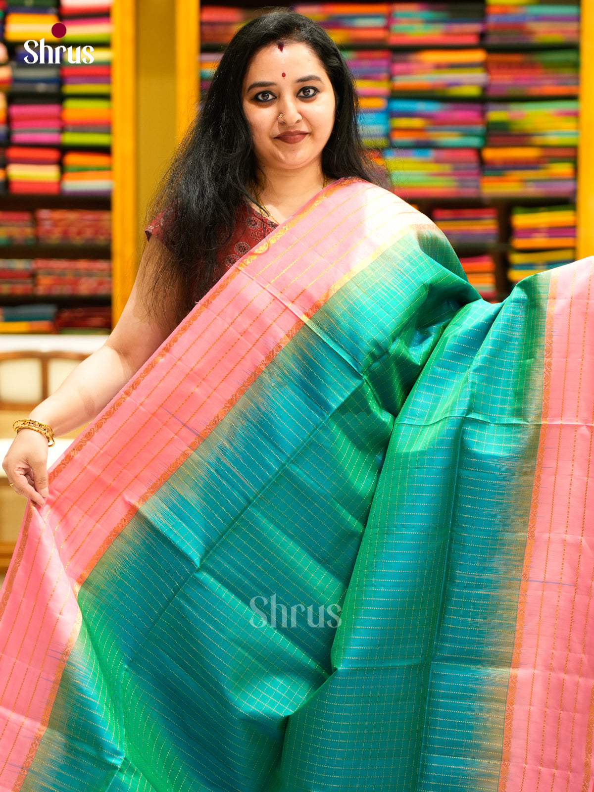 Buy Vivid Sea Green Soft Silk Sarees With Intricately Woven Checks & Baby Pink Zari Striped Border
