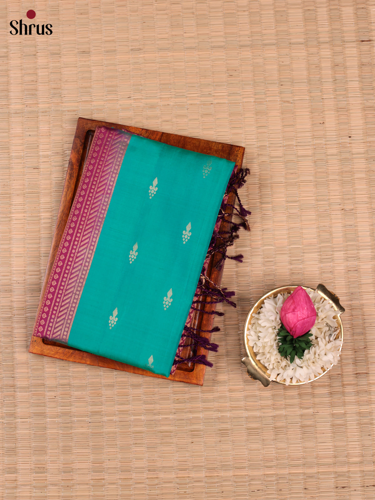 Buy Stunning Sea green Soft Silk Saree With Small Zari Buttas, Zari Striped Purple Border & Pallu