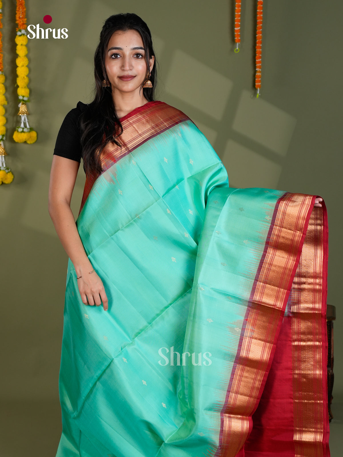 Buy Lustrous Seafoam Green Pure Soft Silk Saree With Golden Buttas & Maroon Zari Border & Brocade Pallu