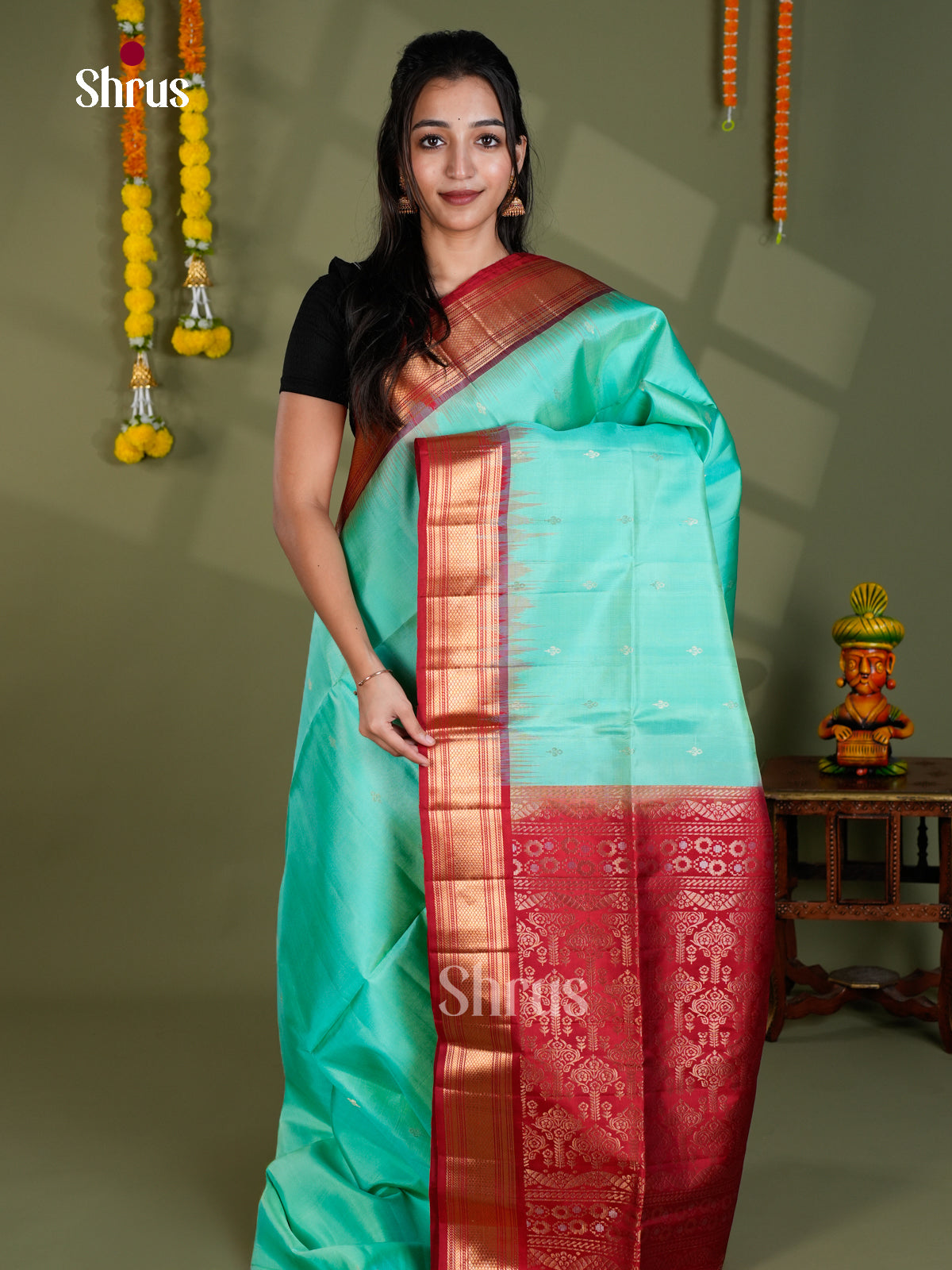 Buy Lustrous Seafoam Green Soft Silk Saree With Golden Buttas & Maroon Zari Border & Brocade Pallu