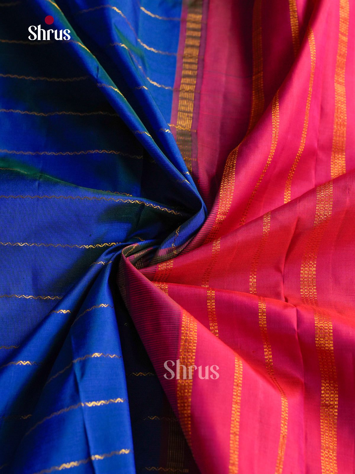 Serene Blue 9Yards Pattu Saree With Gold Stripes | Pink Zari Border & Pallu