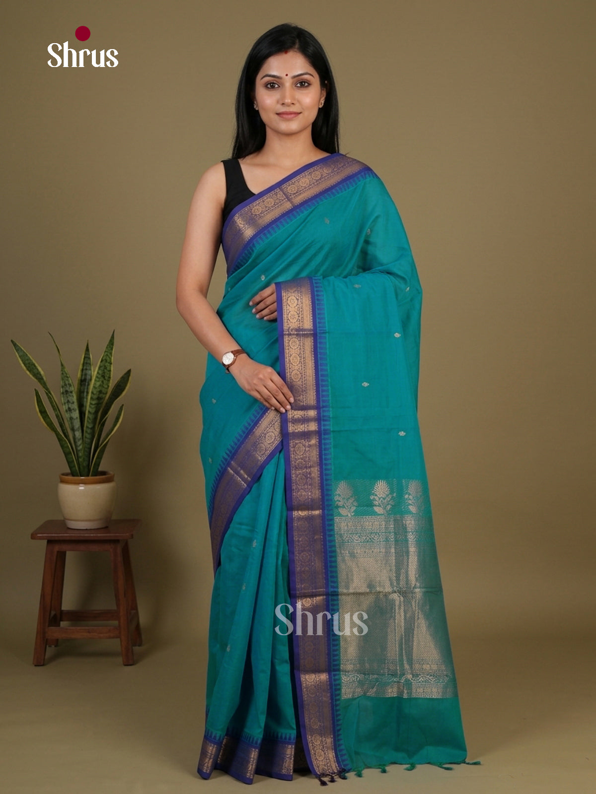 Teal Chettinad Cotton Saree With Golden Buttas & Royal Blue Temple Zari Border - Shop on Shrus.com