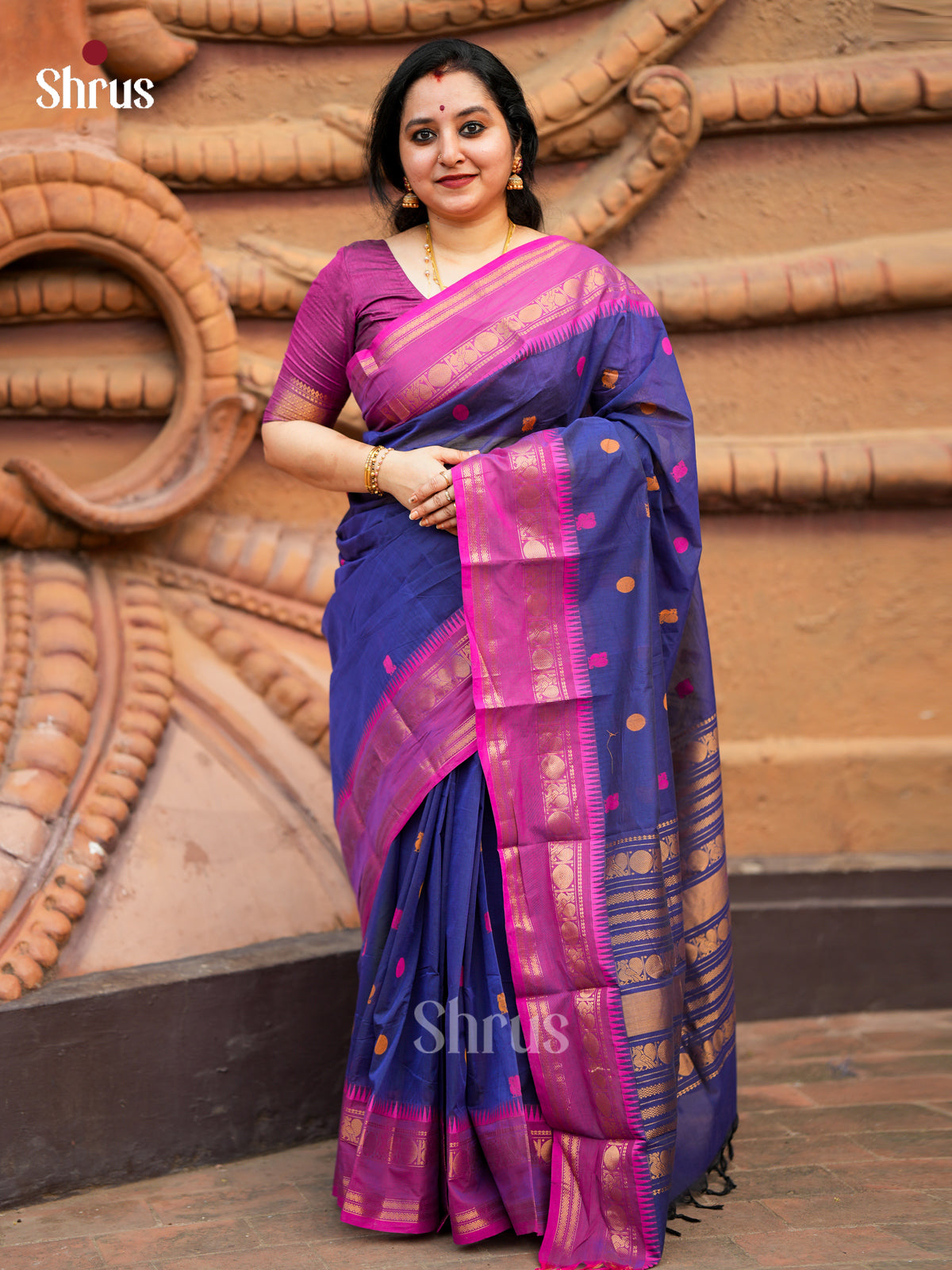 Serene Blue Chettinad Cotton Saree With Thread Buttas, Purple Rettapet Border & Zari Striped Pallu