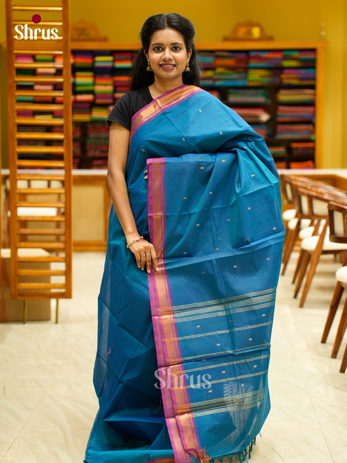 Serene Blue Chettinad Cotton Saree With Thread Buttas & Purple Thin Zari Border