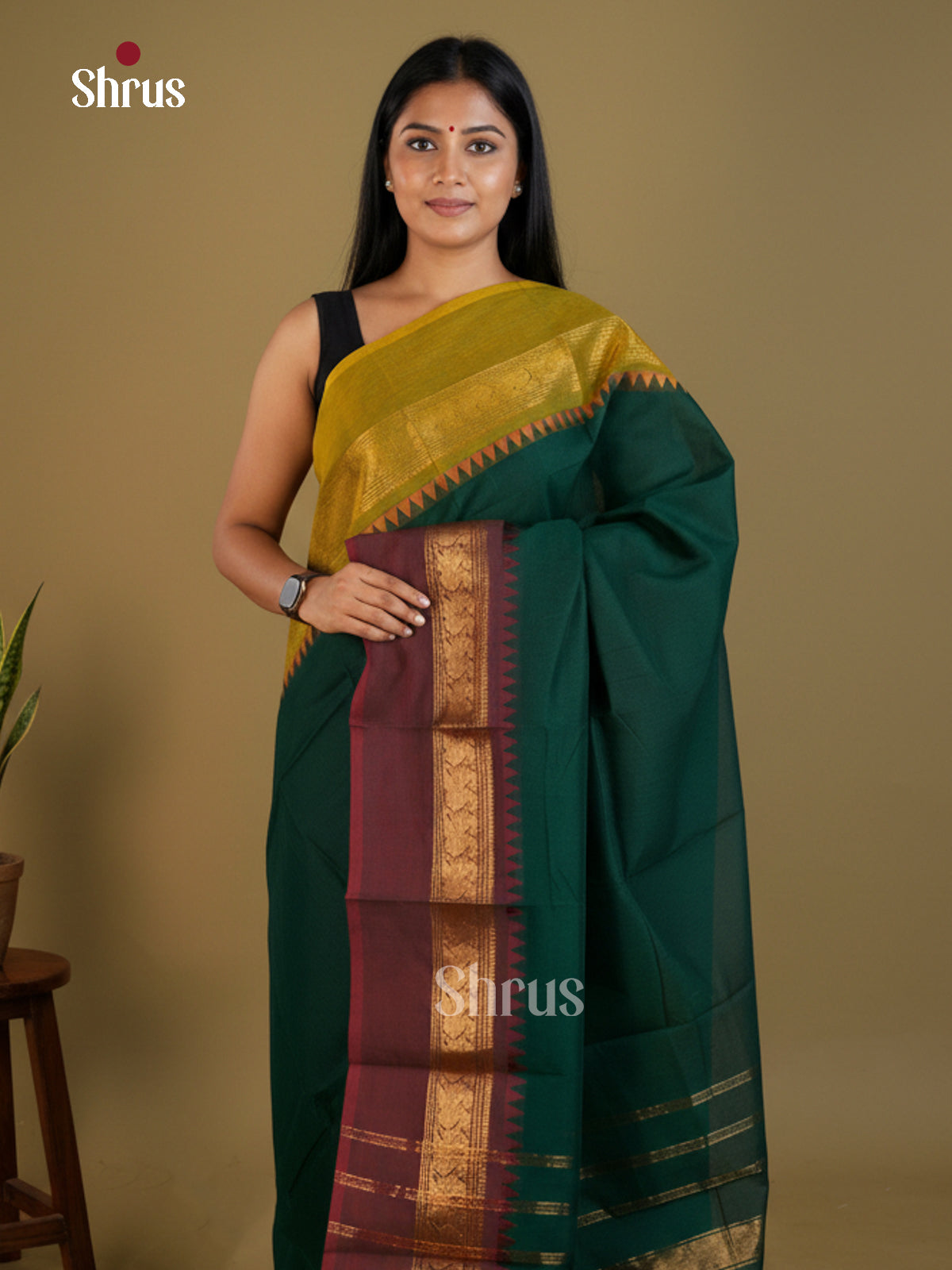 Serene Green Chettinad Cotton Sarees With Plain Body & Ganga Jamuna Temple Zari Border
