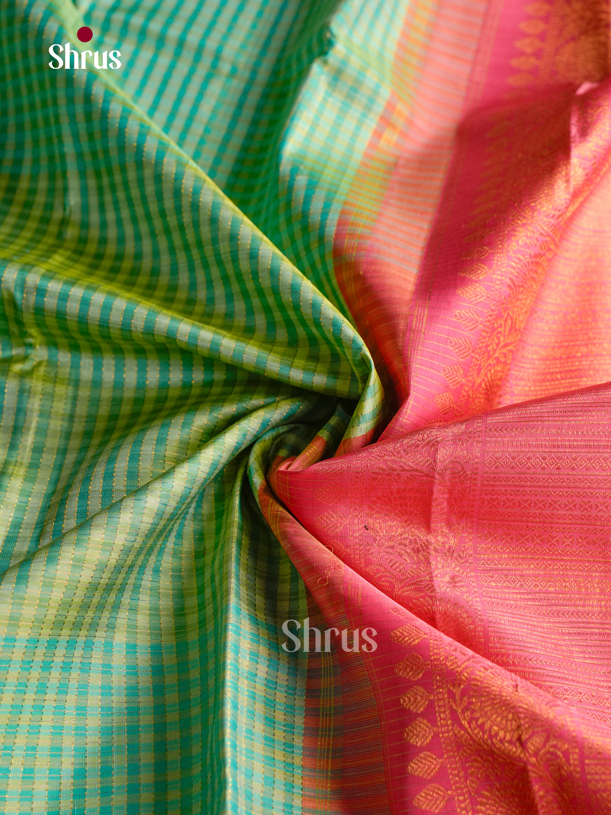 Serene Green Silk Saree With Micro-checks | Pink Border With Zari Bands
