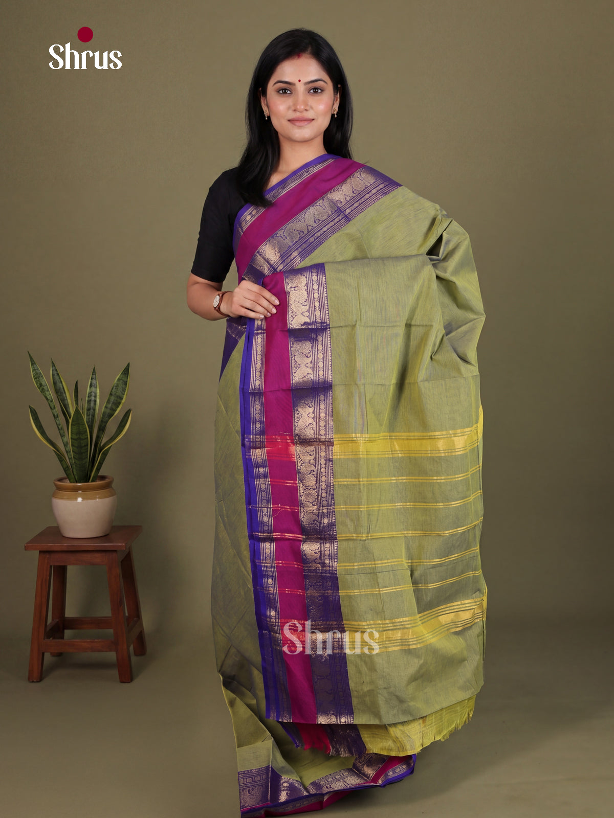 Serene Olive Green Chettinad Cotton Saree With Blue rettapet Border With Zari Stripes
