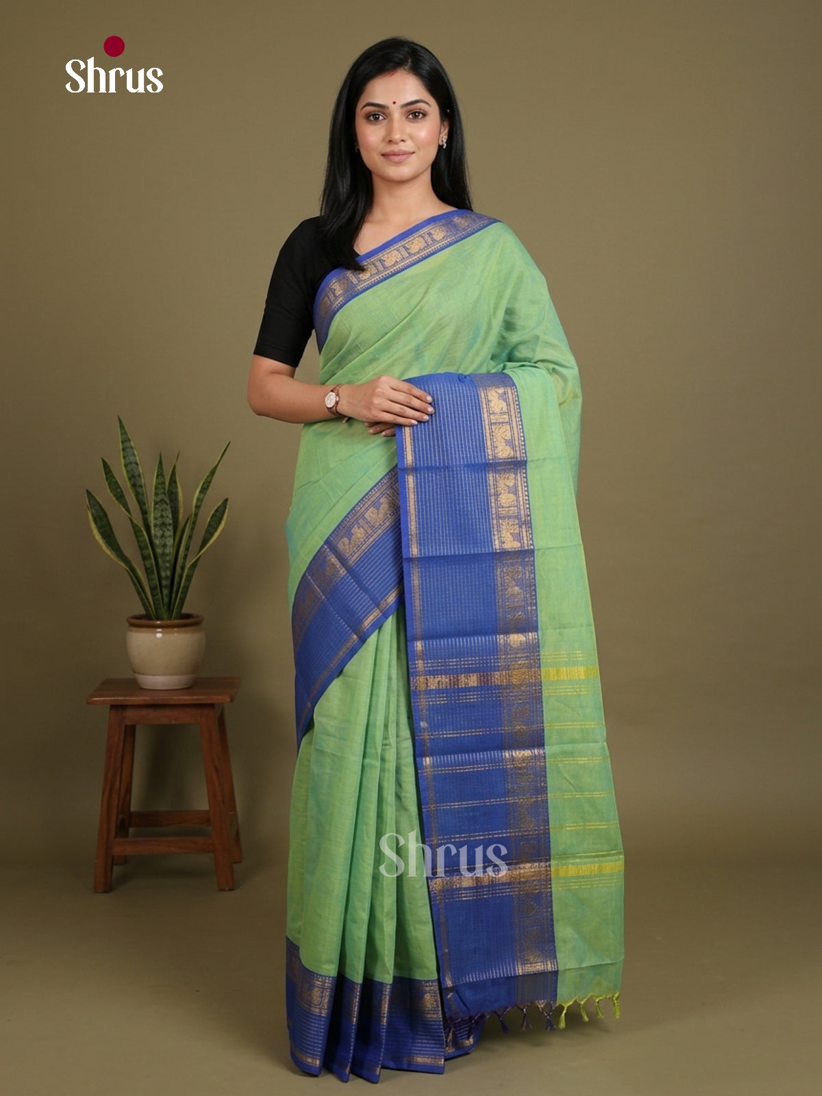 Serene Pista Green Chettinad Cotton Saree With Plain Body & Blue Zari Striped Border