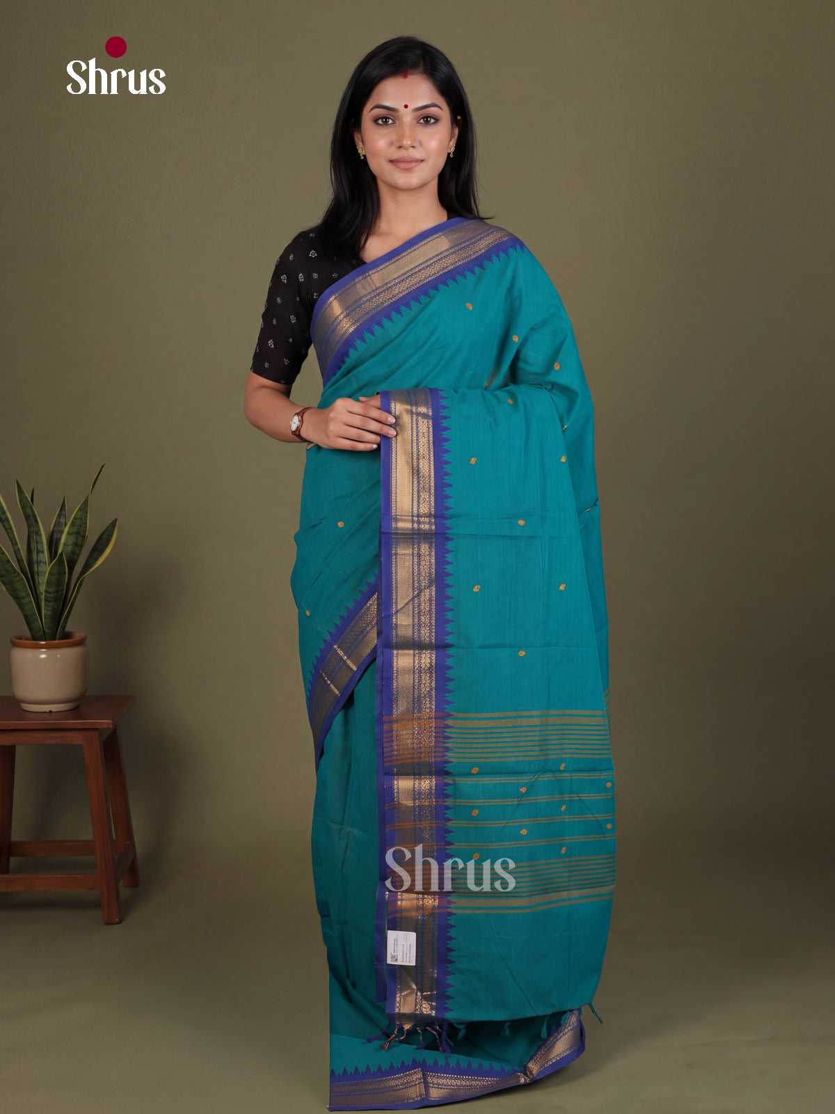 Serene Sky Blue Chettinad Cotton Saree With Small Thread Buttas & Blue Zari Border