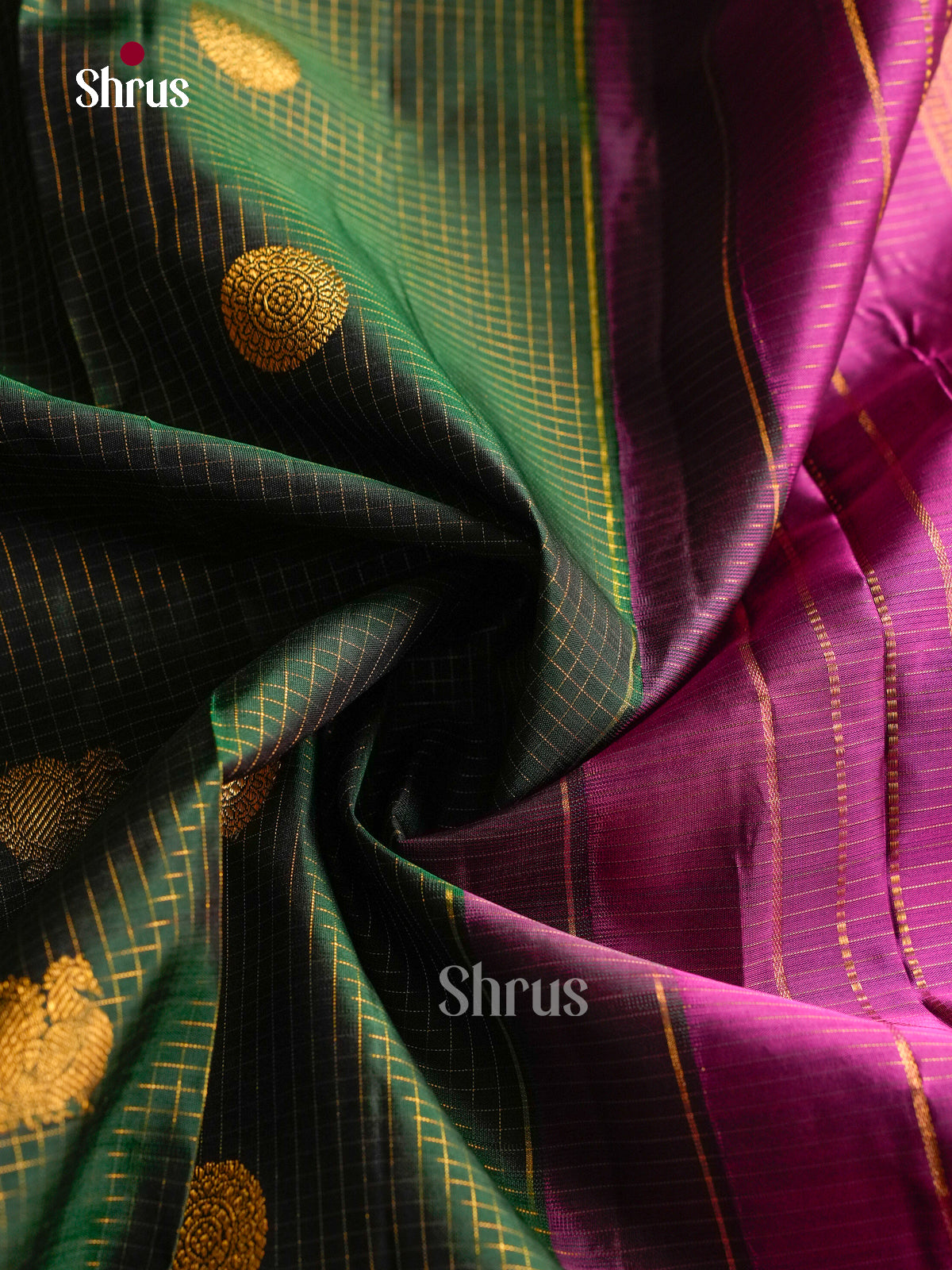 Sheeny Bottle Green 9Yards Silk Sarees With Intricate Checks & Buttas | Magenta Zari Border
