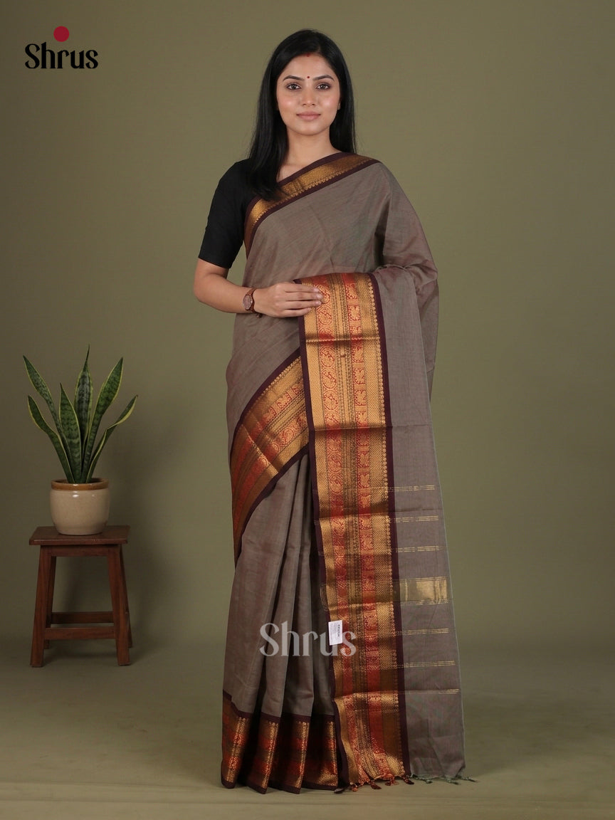 Sheeny Greyish Brown Chettinad Cotton Saree With Maroon Zari Woven Broad Border