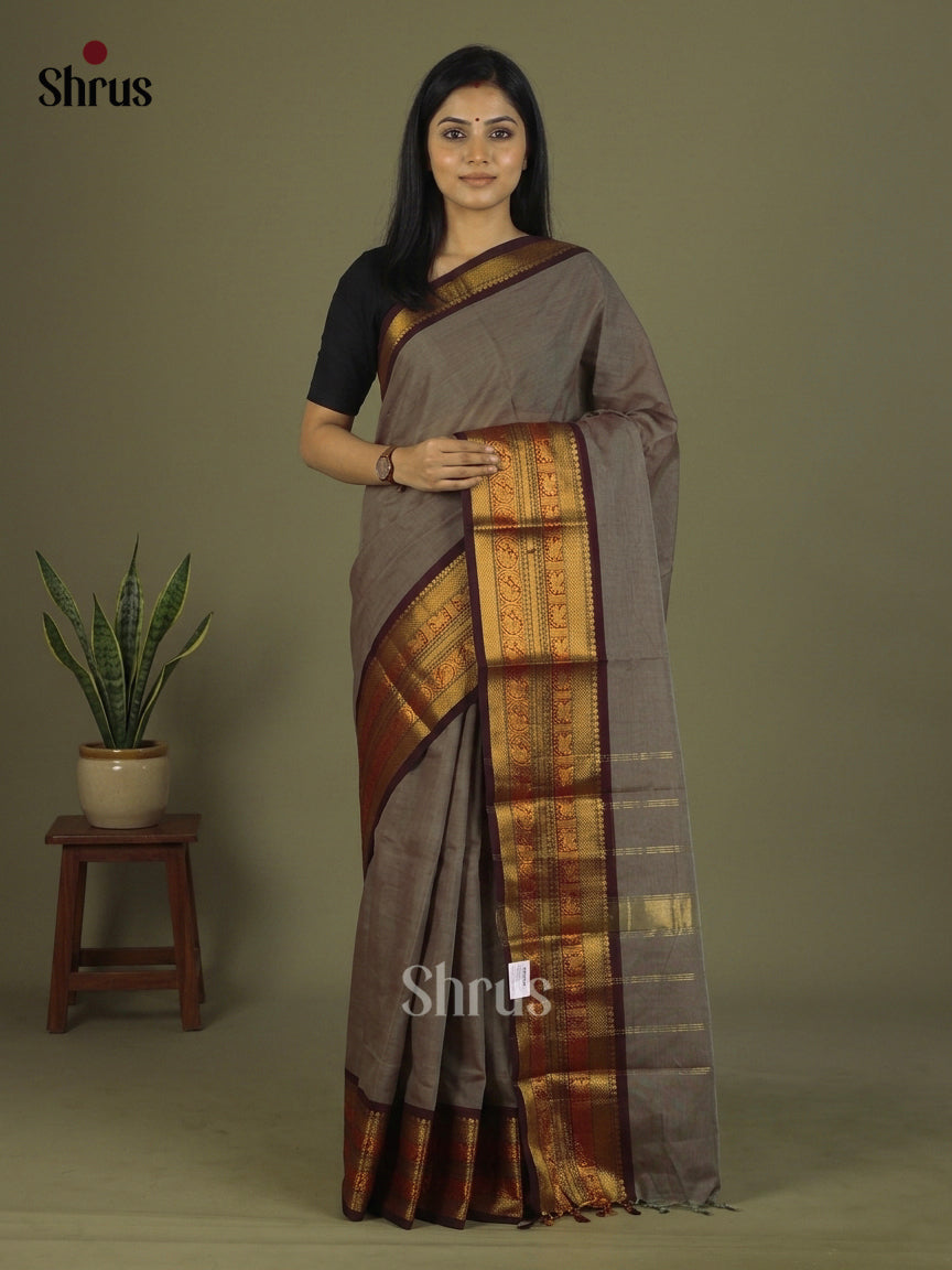 Sheeny Greyish Brown Chettinad Cotton Saree With Maroon Zari Woven Broad Border