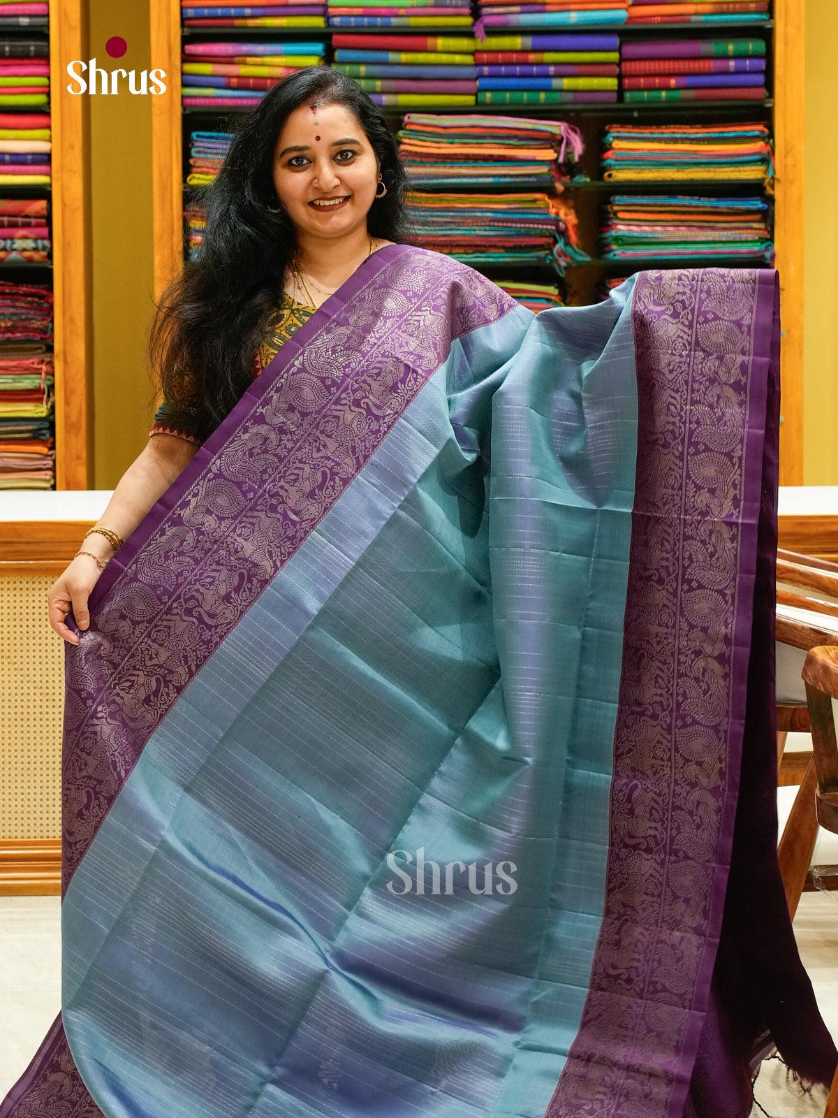 Sheeny Ice Blue Soft Silk Sarees with Dotted Silver Lines | Dark Violet Contrast Border