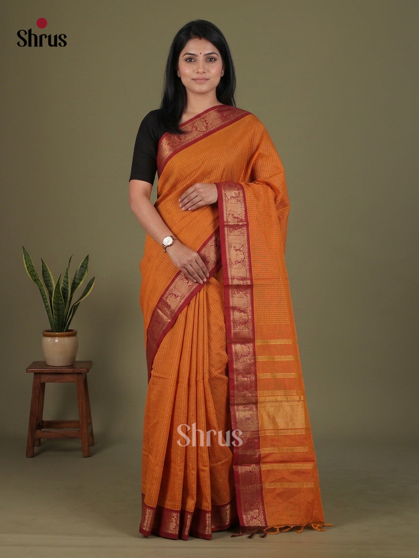 Sheeny Mustard Chettinad Cotton Saree With Gold Stripes, Red Zari Border & Chit Pallu