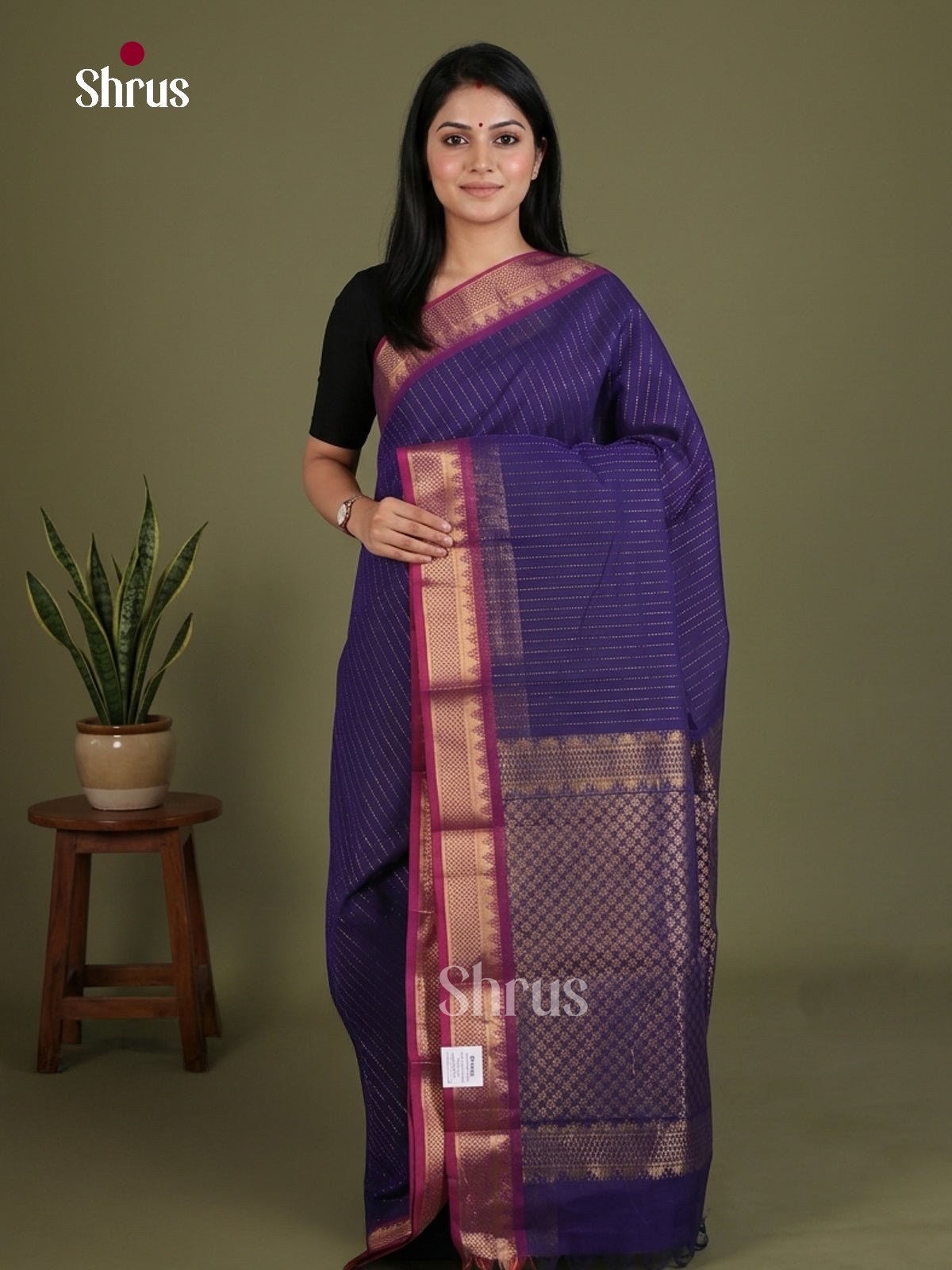 Sheeny Purple Chettinad Cotton Saree With Gold Stripes & Pink Temple Zari Border