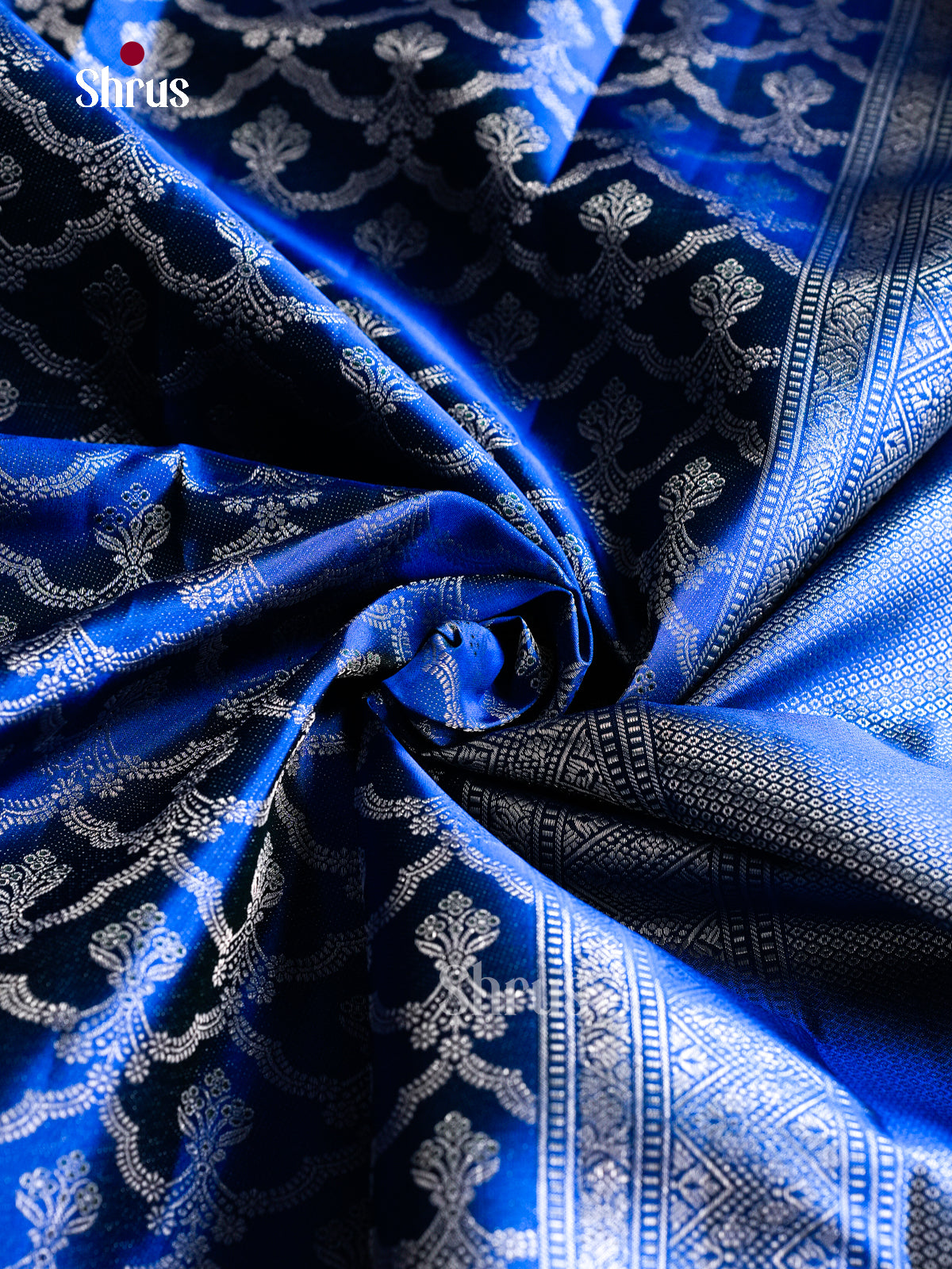Sheeny Royal Blue Kanchi Pattu Saree With Silver Floral Brocade | Self Border With Green Selvedge