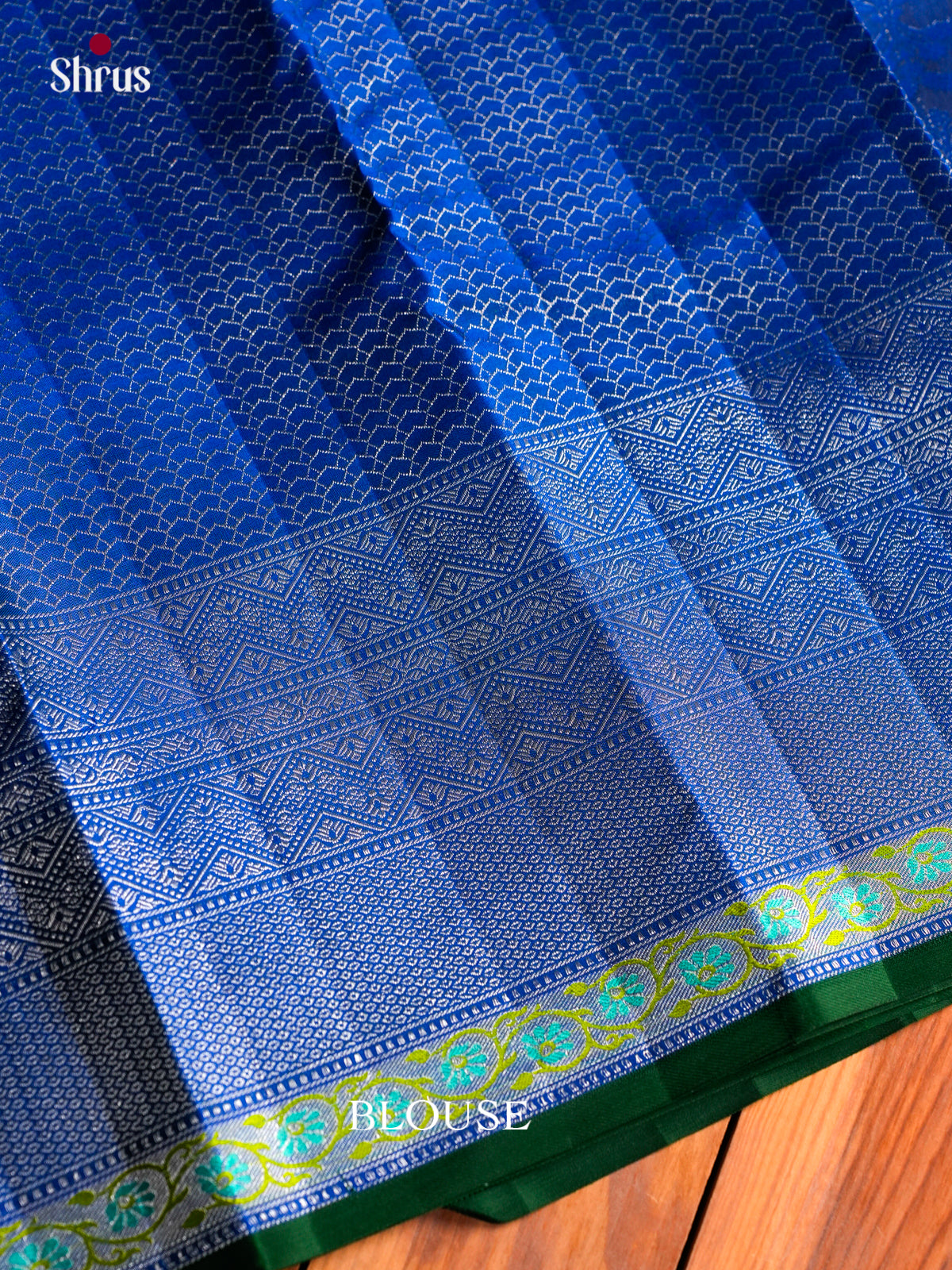 Sheeny Royal Blue Silk Saree With Silver Floral Brocade | Self Border With Green Selvedge