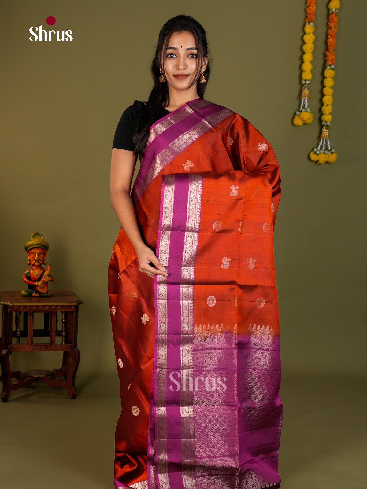 Sheeny Rust Orange Soft Silk Saree With Zari Buttas, Magenta Rettapet Border & Brocade Pallu