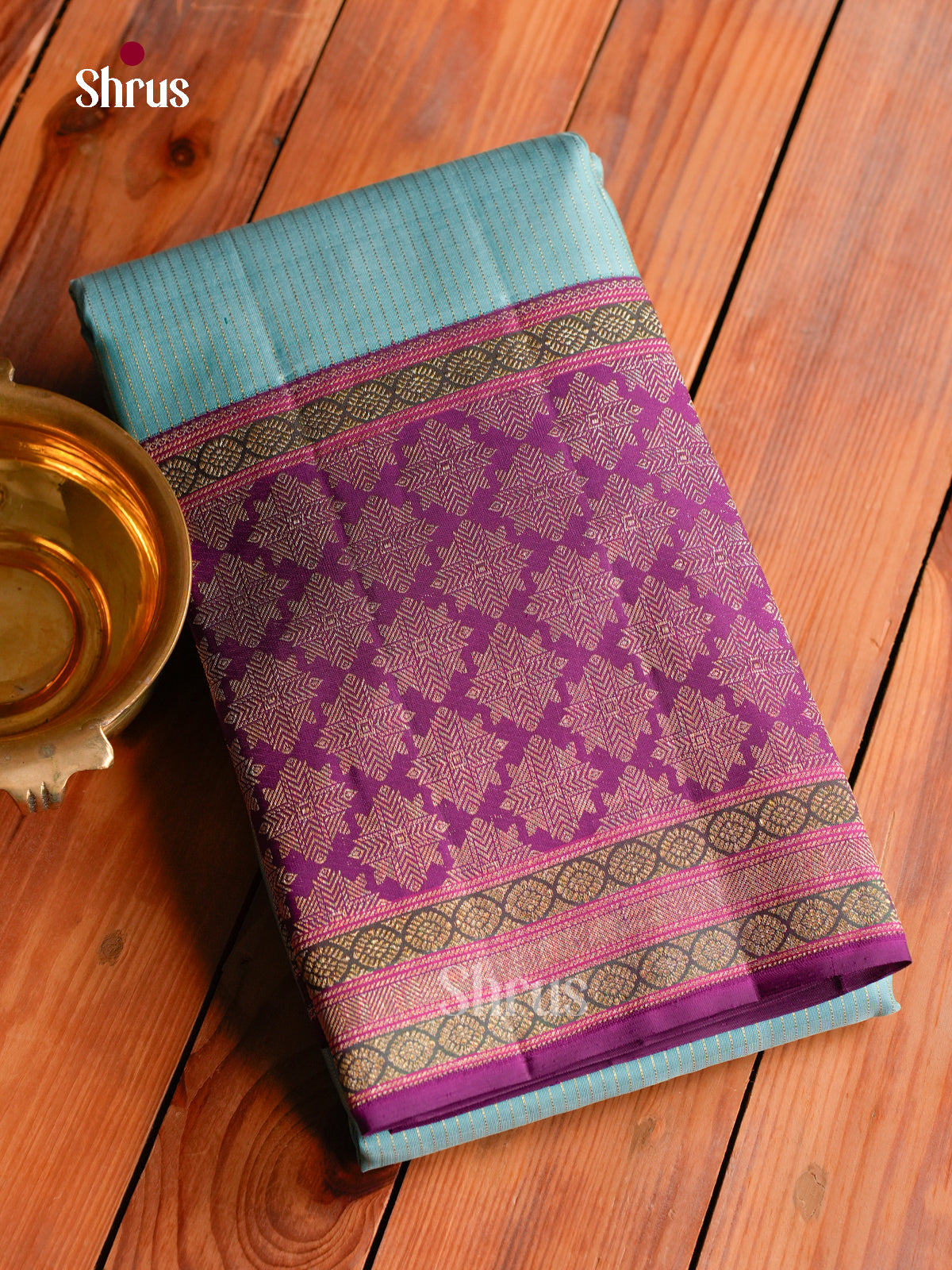 Sheeny Turquoise Kanchipuram Silk Saree With Gold Stripes | Purple Border & Pallu With Star Buttas